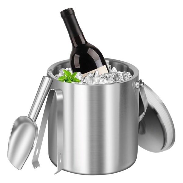 1 Set Double Wall Stainless Steel Insulated Ice Bucket 3L Ice Holder Ice Container With Lid Scoop Strainer Handle For Wine Champagne Beer Parties Cocktails