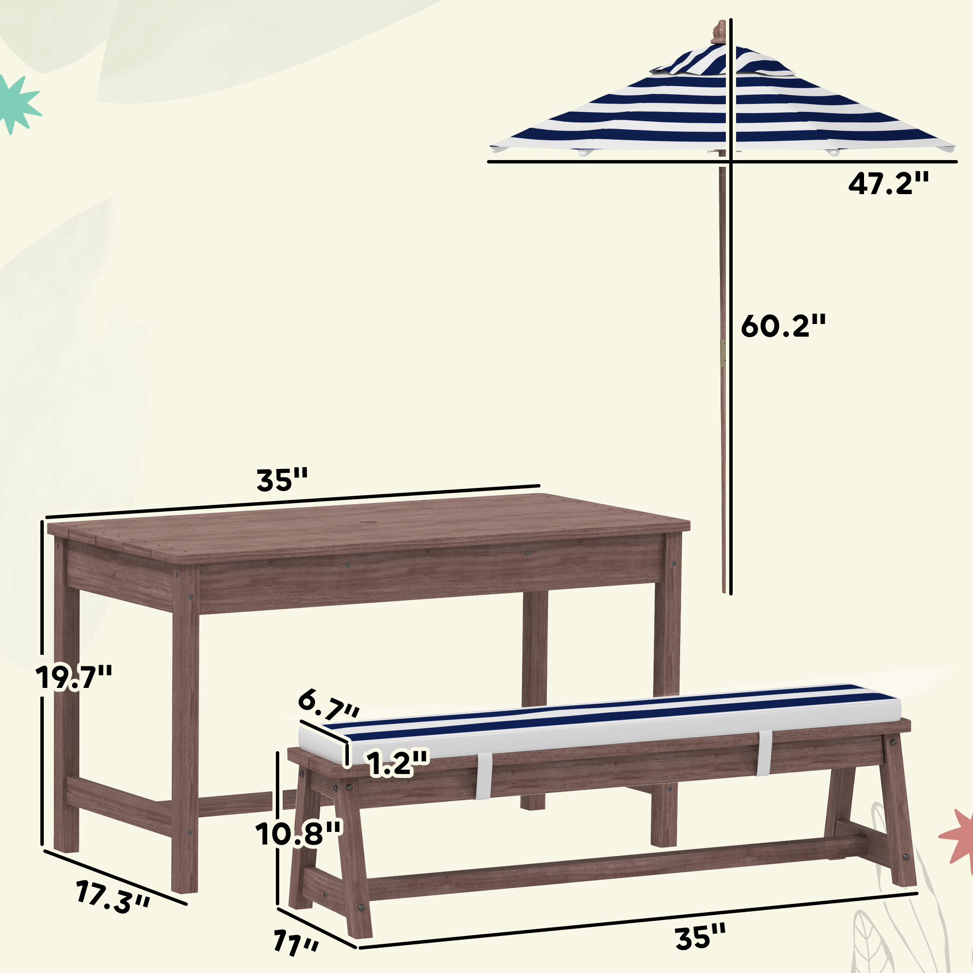 Outdoor Wooden Kids Picnic Table & Bench Set With Cushions And Umbrella, For Patio, Garden, Navy Blue - Image 5