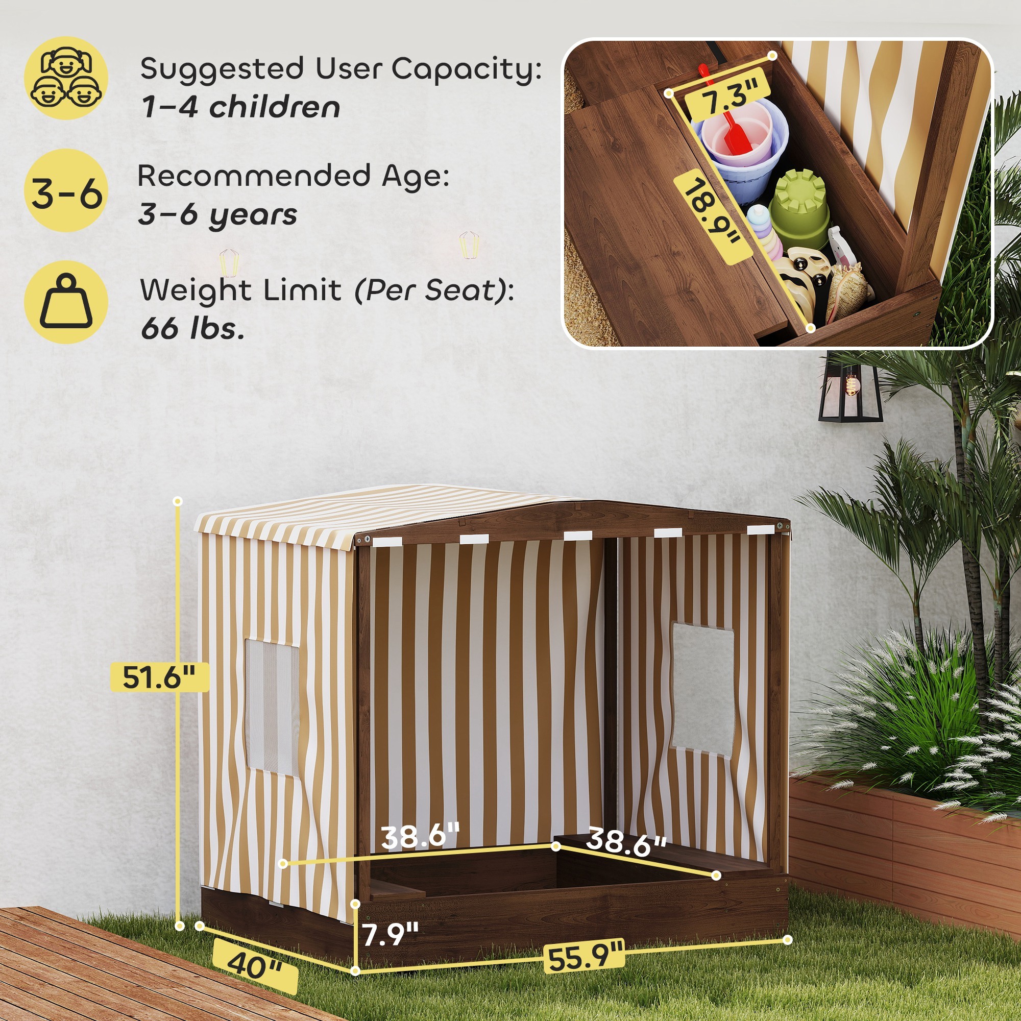 Kids Wooden Sandbox With Canopy Fully Covered, 2 Bench Seats, Bottom Liner, 56 X 40 X 52, Brown - Image 3