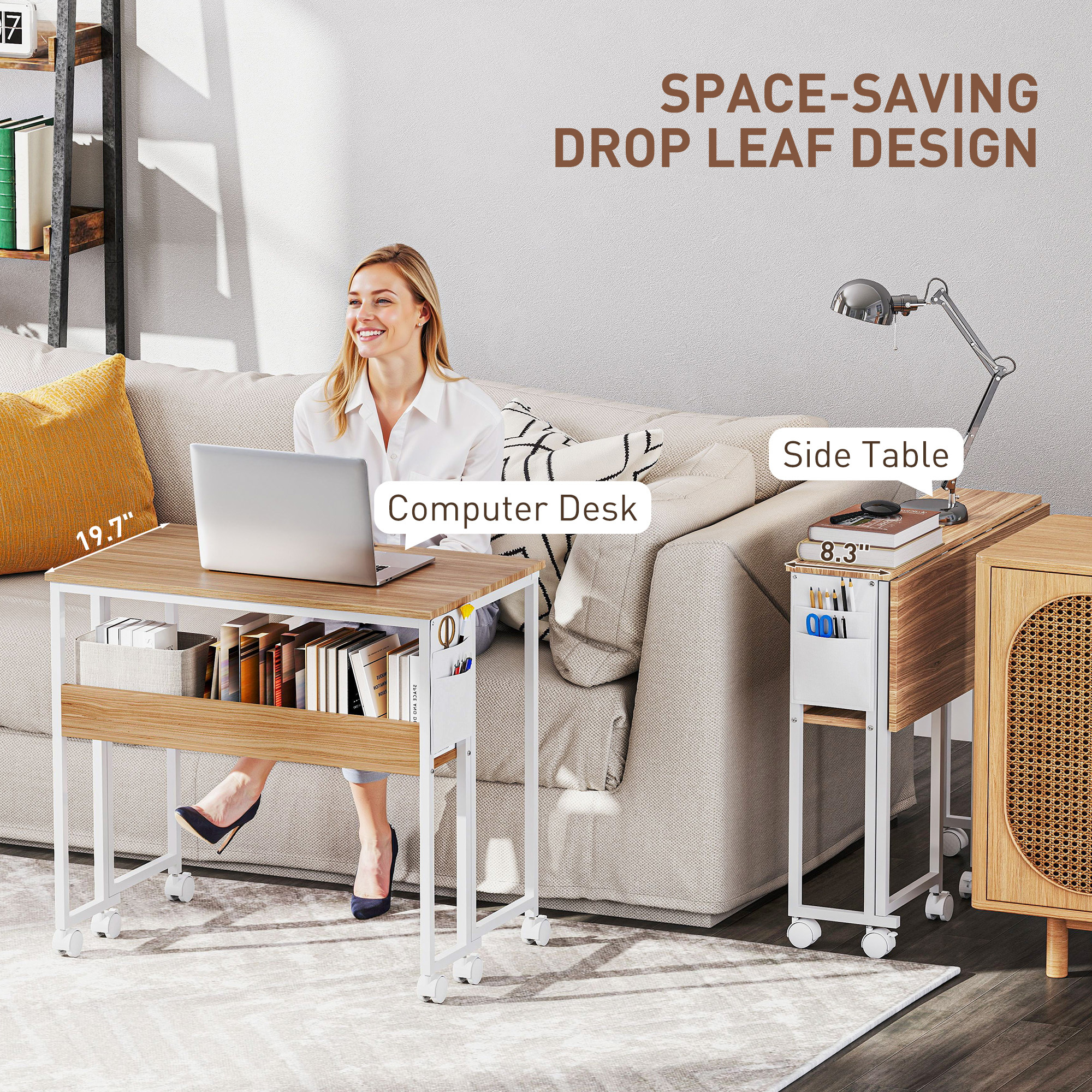 Folding Computer Desk, Foldable Desk With Storage Bag, Shelf And Wheels For Small Spaces, Home Office, Natural Wood - Image 2