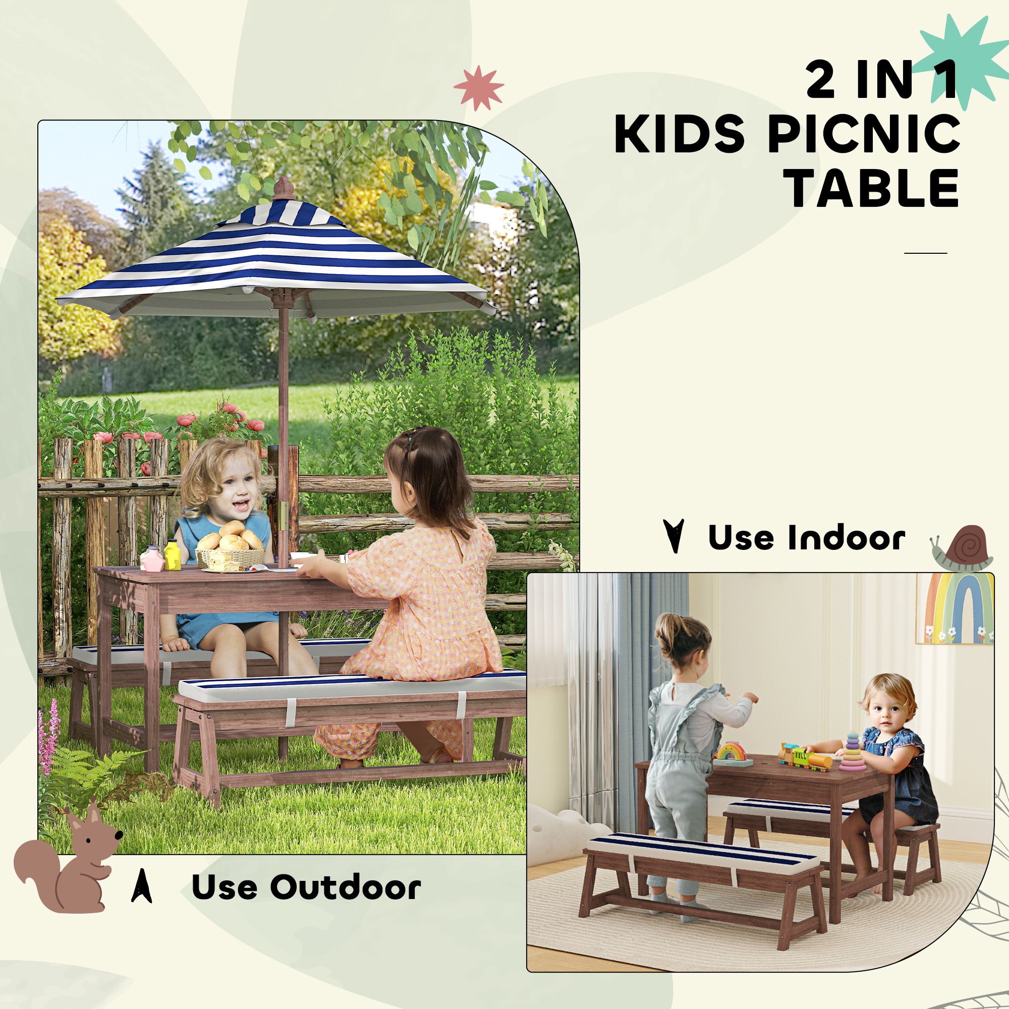 Outdoor Wooden Kids Picnic Table & Bench Set With Cushions And Umbrella, For Patio, Garden, Navy Blue - Image 2