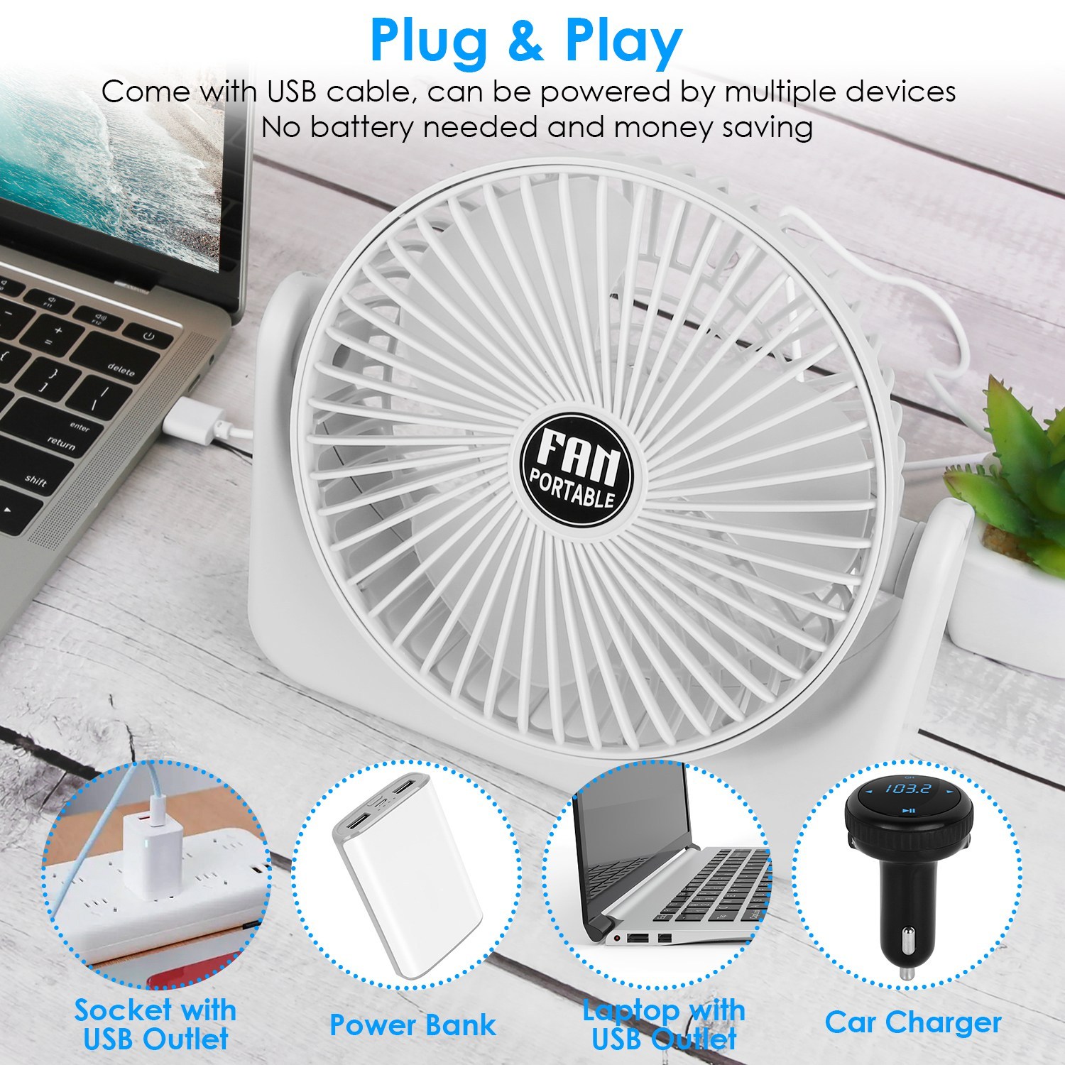 6.5in Desk Fan USB Powered 2 Speeds Table Cooling Fan Tilt Quiet Desktop Fan For Bedroom Office - Image 2