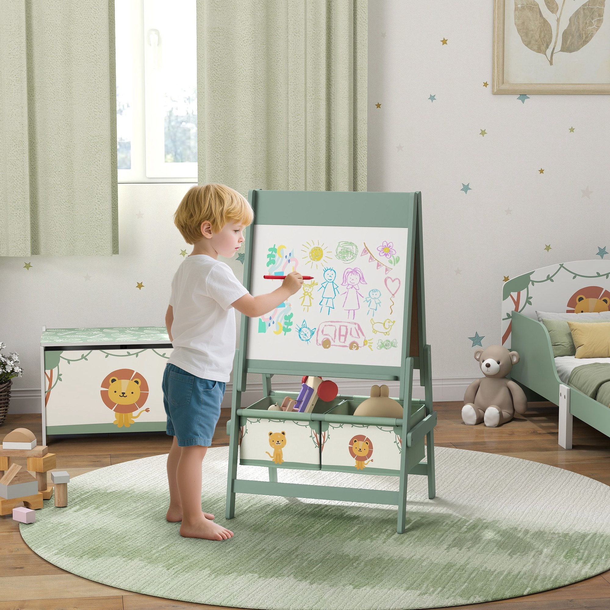 Art Easel For Kids, Double-Sided Whiteboard & Chalkboard With Paper Roll, Storage Baskets For Toddlers Ages 3-8, Green - Image 5