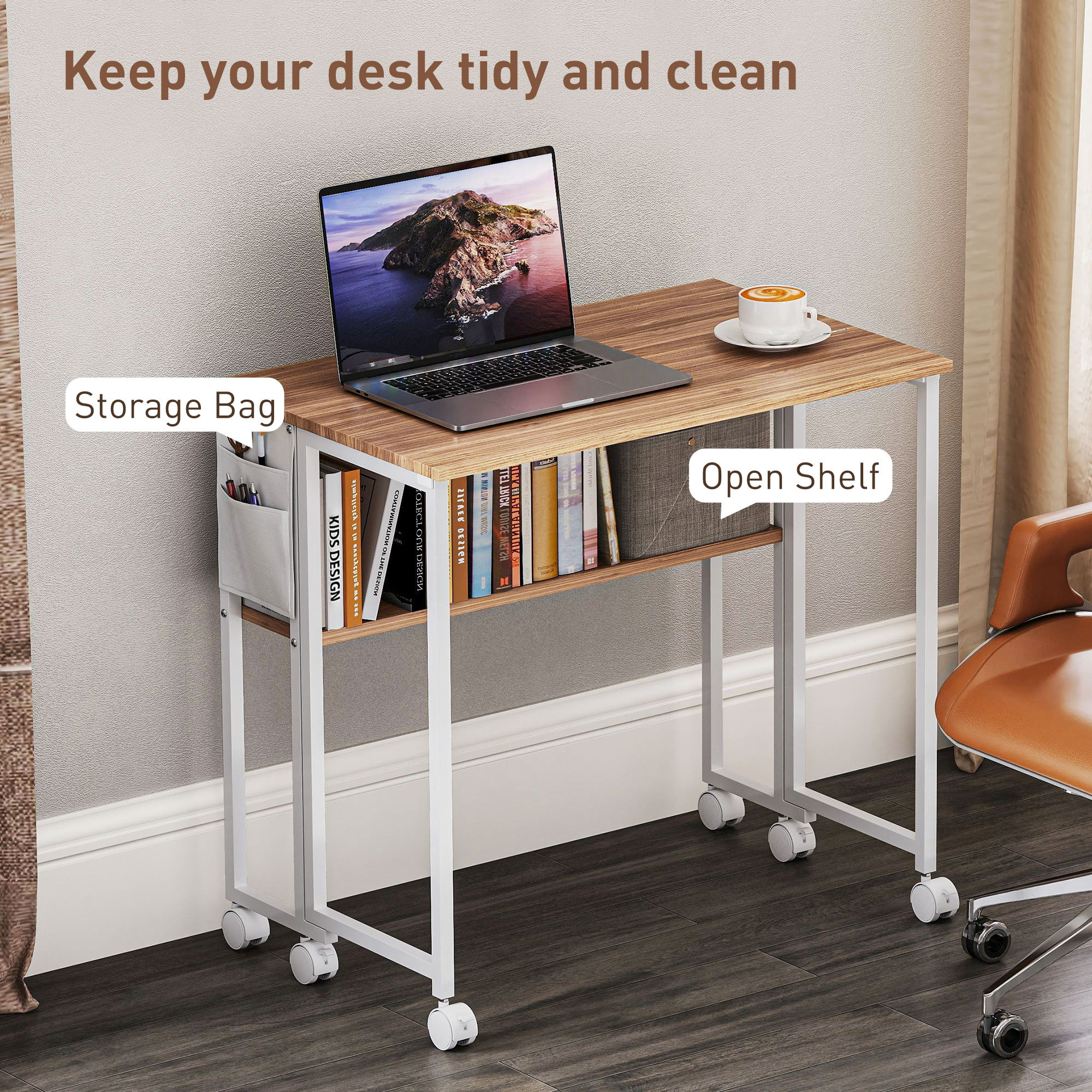 Folding Computer Desk, Foldable Desk With Storage Bag, Shelf And Wheels For Small Spaces, Home Office, Natural Wood - Image 4