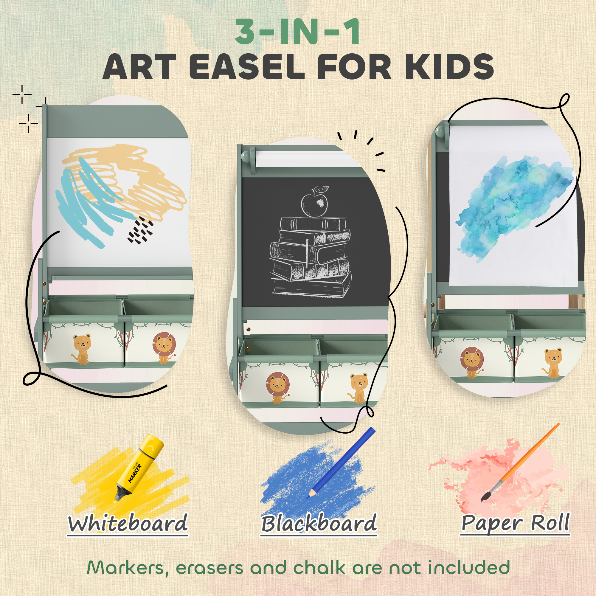 Art Easel For Kids, Double-Sided Whiteboard & Chalkboard With Paper Roll, Storage Baskets For Toddlers Ages 3-8, Green - Image 2