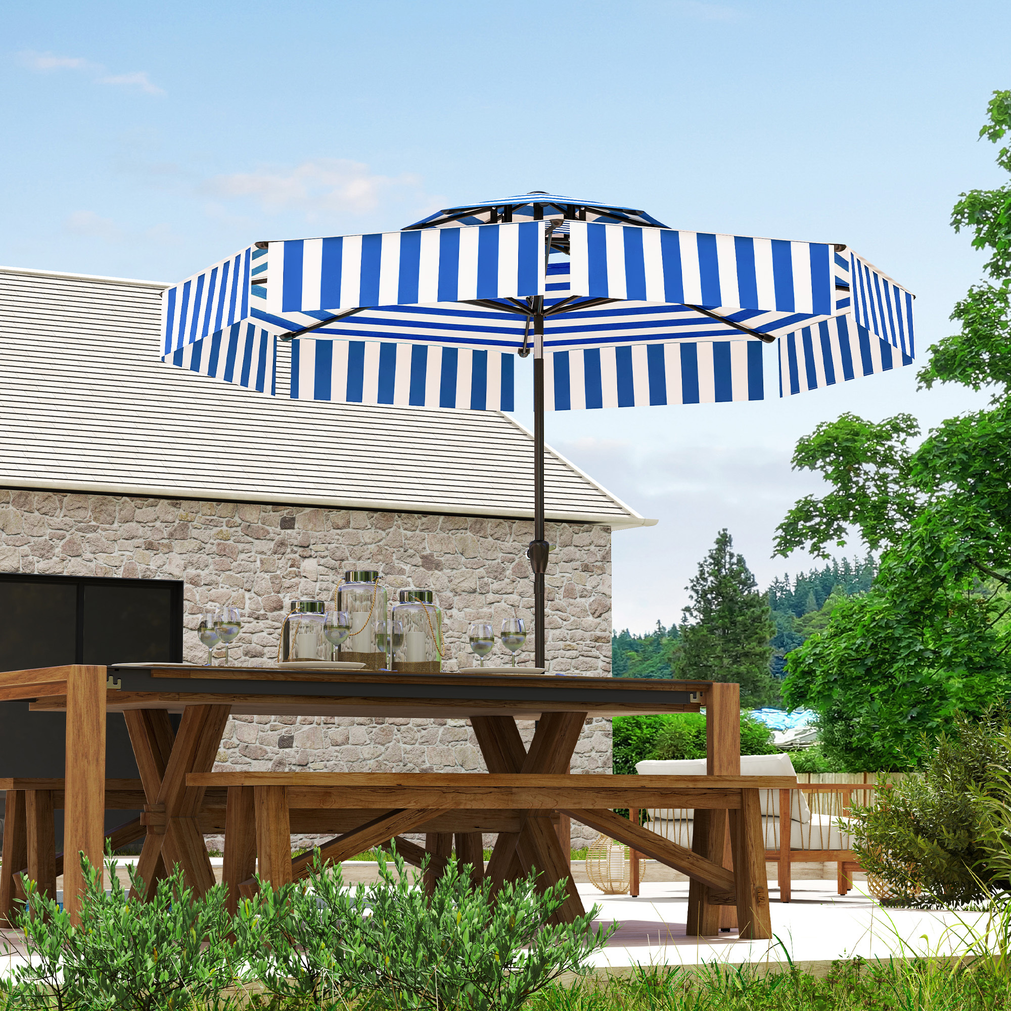 8.6FT Patio Umbrella, Outdoor Market Umbrella, 2-Tier Vented Patio Table Umbrella With Crank 8 Ribs, Tiltable Porch Umbrella For Garden Deck Poolside, Navy Blue - Image 4