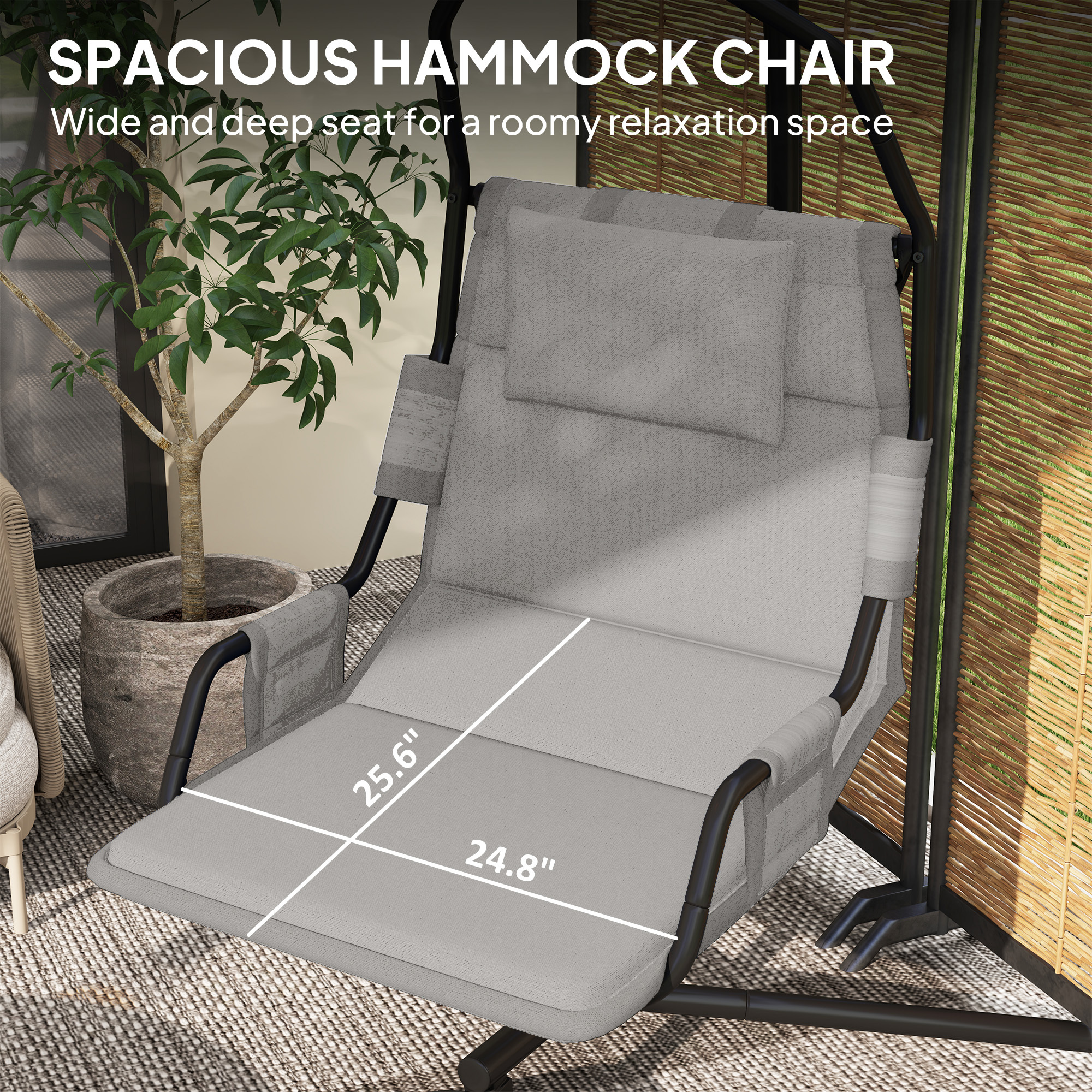 Hammock Chair With Stand And PA Coating Cushion, Hanging Swing Chair With Steel Frame For Indoor And Outdoor, Gray - Image 3