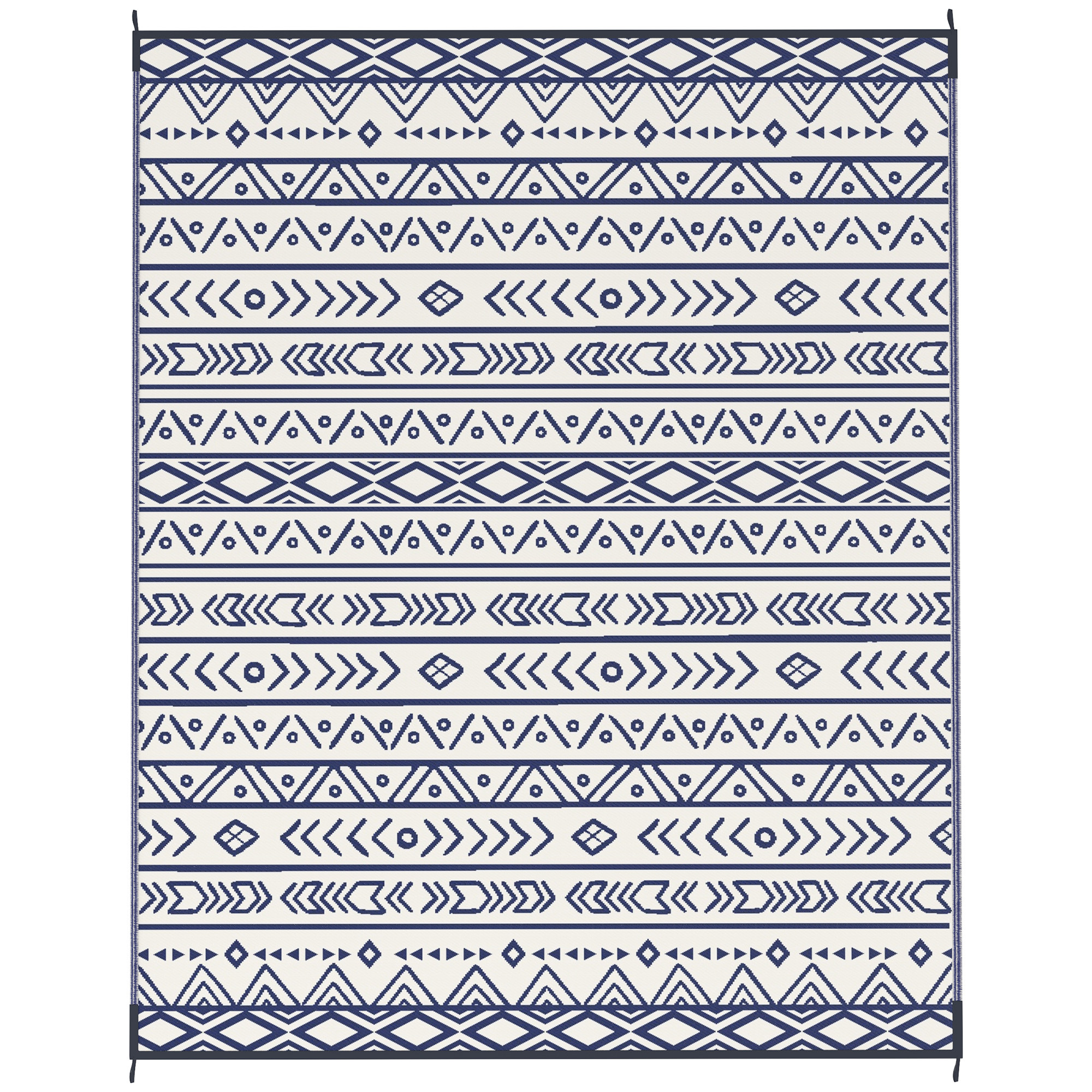 Reversible Outdoor Rug, Waterproof Plastic Straw With Carry Bag, 8 X 10, Blue & White Geometric