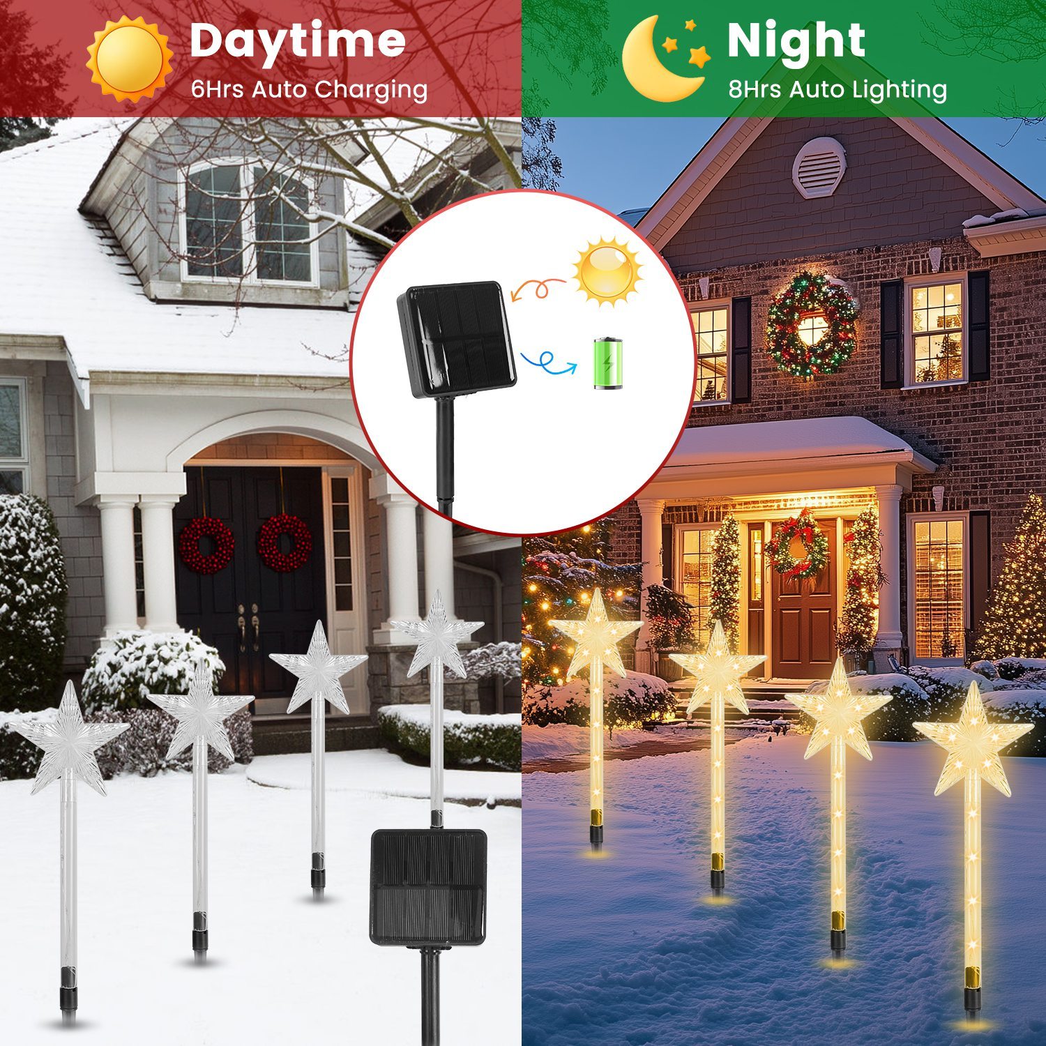 8Pack Christmas Solar Stake Light 64LED Beads Star Shaped Pathway Lights With 8 Lighting Modes IP64 Waterproof Xmas Decoration For Garden Patio Yard Porch Driveway - Image 3