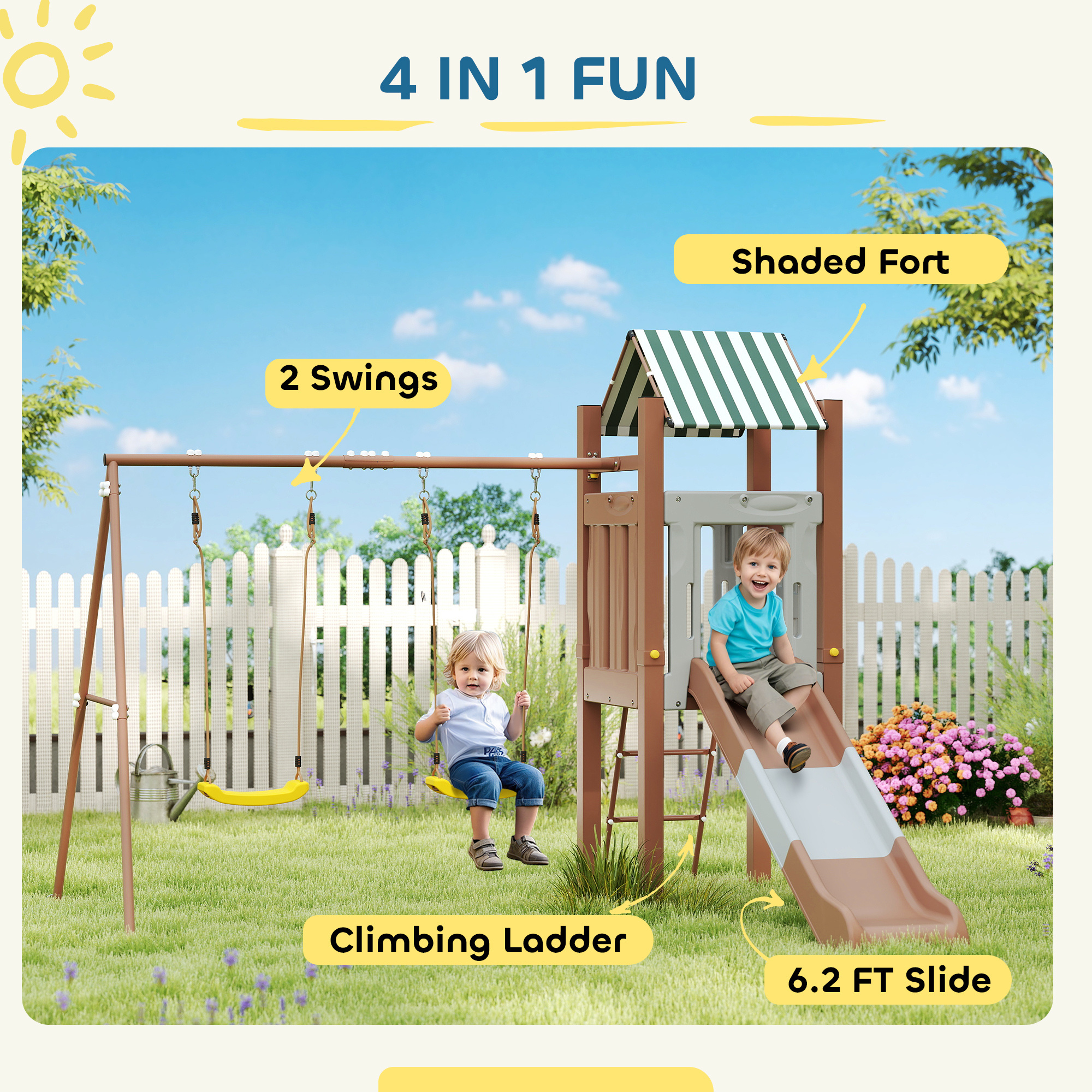 Kids Swing Set With 6 FT Slide, 2 Adjustable Swings, Fort With Canopy, Ladder, Ground Stakes For Ages 3-8, Brown - Image 5