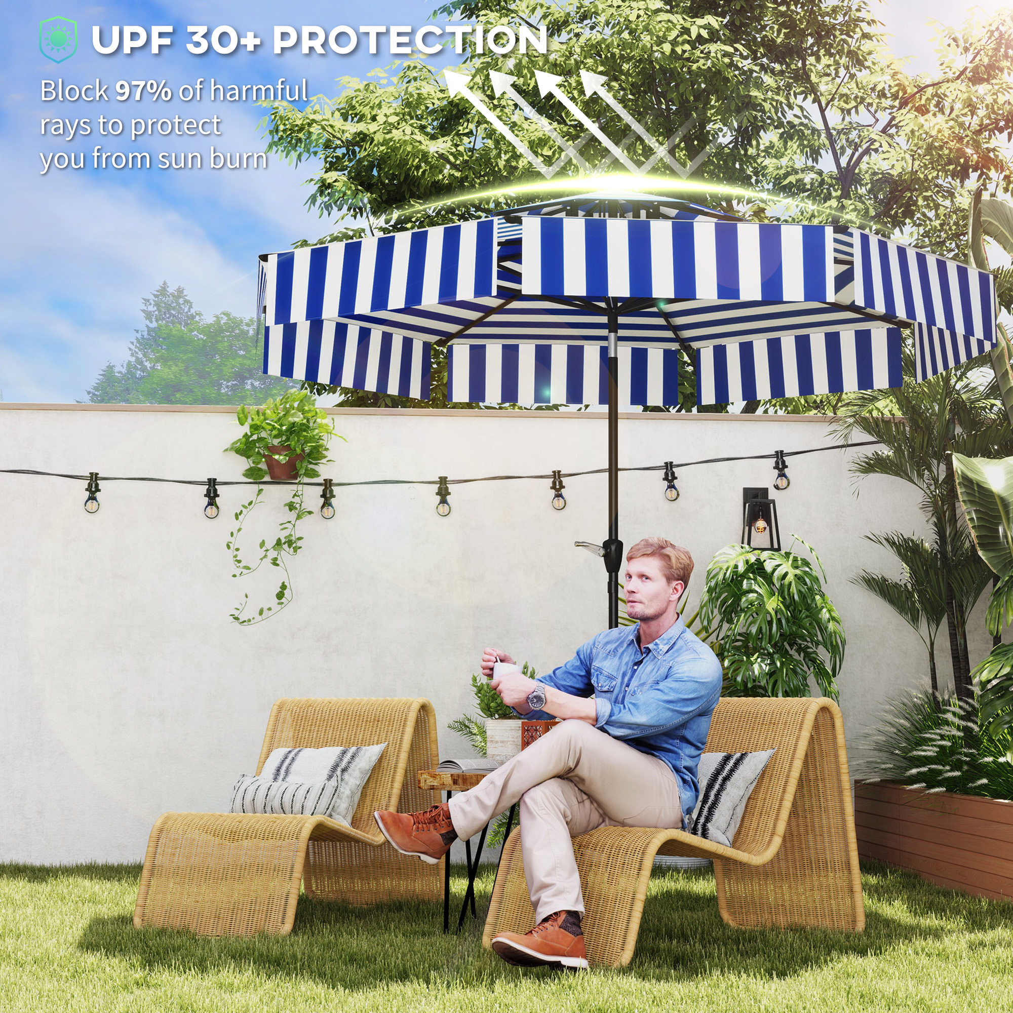 8.6FT Patio Umbrella, Outdoor Market Umbrella, 2-Tier Vented Patio Table Umbrella With Crank 8 Ribs, Tiltable Porch Umbrella For Garden Deck Poolside, Navy Blue - Image 5