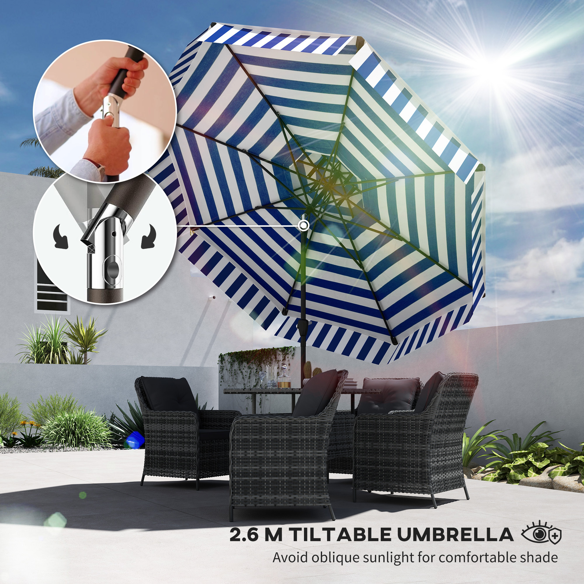 8.6FT Patio Umbrella, Outdoor Market Umbrella, 2-Tier Vented Patio Table Umbrella With Crank 8 Ribs, Tiltable Porch Umbrella For Garden Deck Poolside, Navy Blue - Image 6