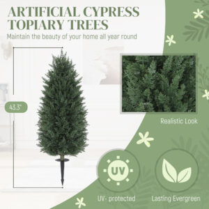 43.3 Inch Set Of 2 Artificial Cypress Topiary Tree, Indoor Outdoor UV Resistant Faux Plants With Ground Stake For Garden