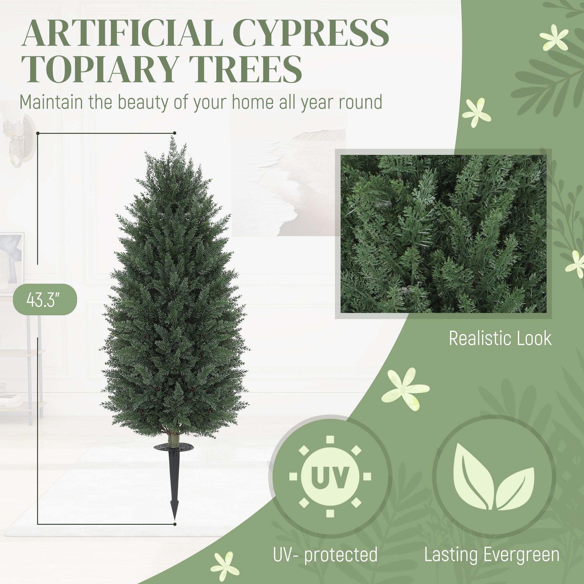 43.3 Inch Set Of 2 Artificial Cypress Topiary Tree, Indoor Outdoor UV Resistant Faux Plants With Ground Stake For Garden