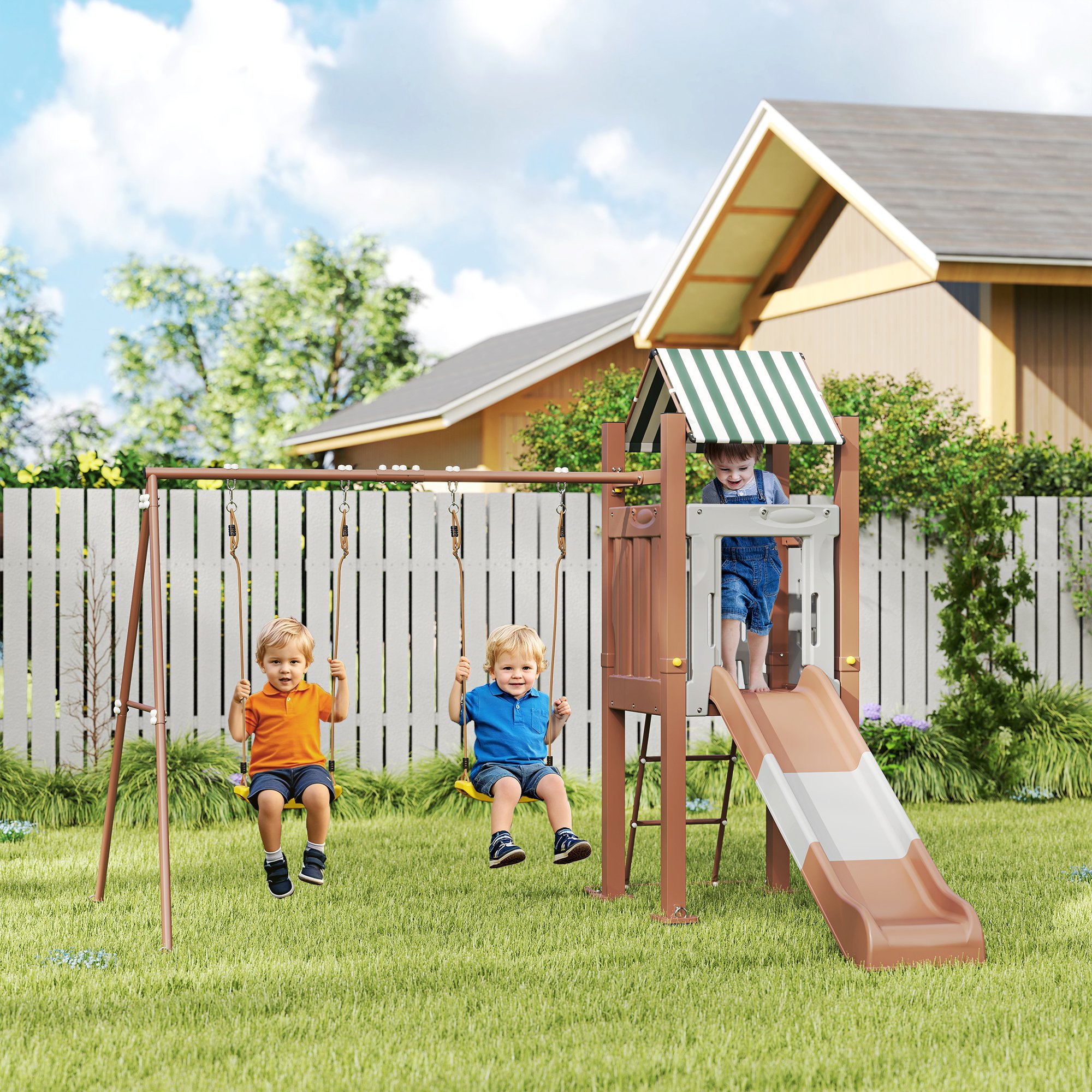 Kids Swing Set With 6 FT Slide, 2 Adjustable Swings, Fort With Canopy, Ladder, Ground Stakes For Ages 3-8, Brown - Image 2