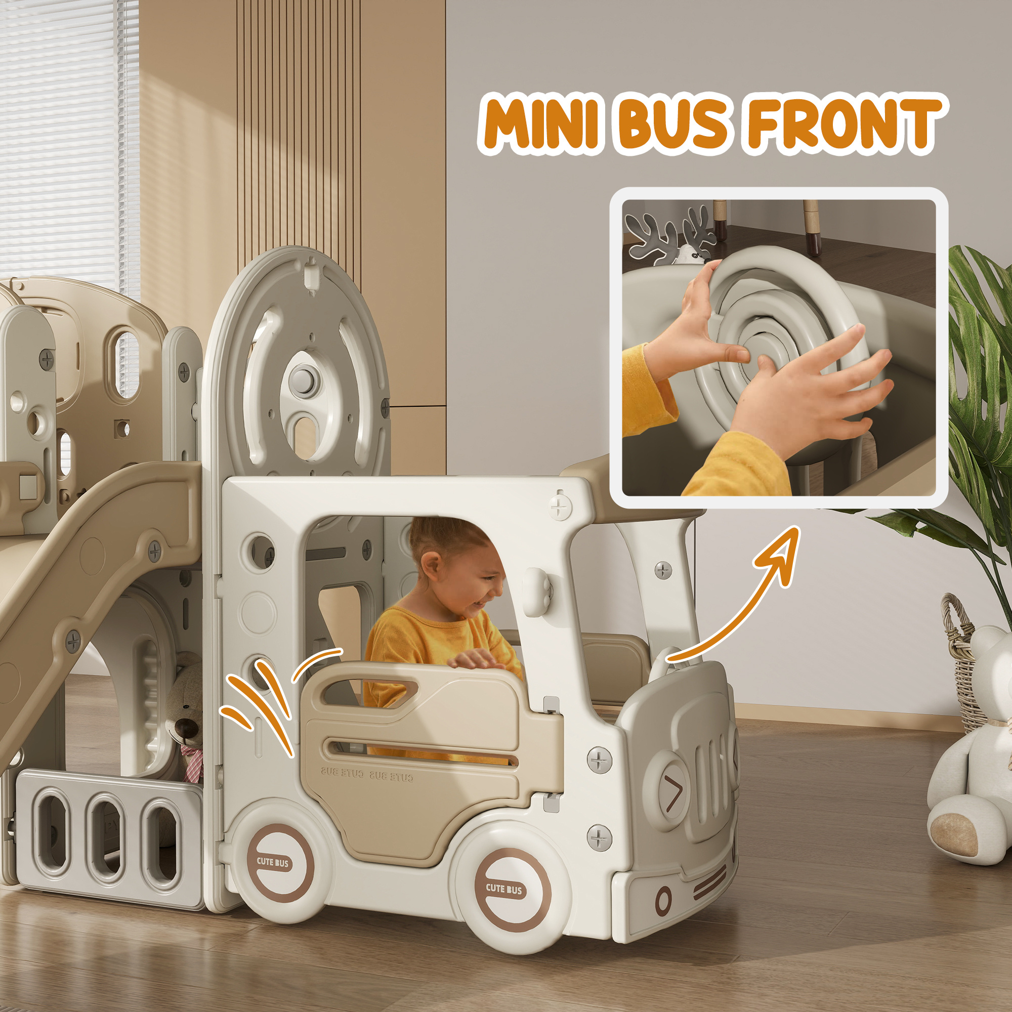 9 In 1 Toddler Slide For Kids Ages 1-6 With Bus Front, Basketball Hoop, Climber, Storage Space, Ring Toss, Cream White - Image 3