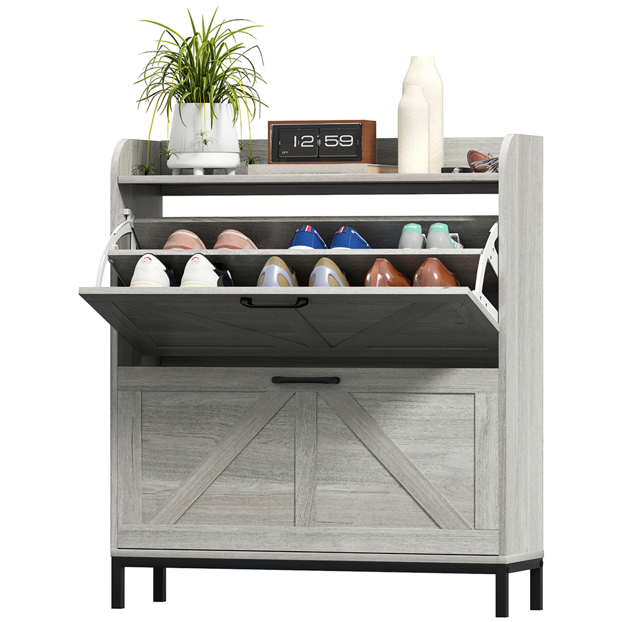 Shoe Cabinet Organizer With 2 Flip Drawers, Legs, Narrow Shoe Storage Cabinet For Entryway, Hallway, Light Gray - Image 6