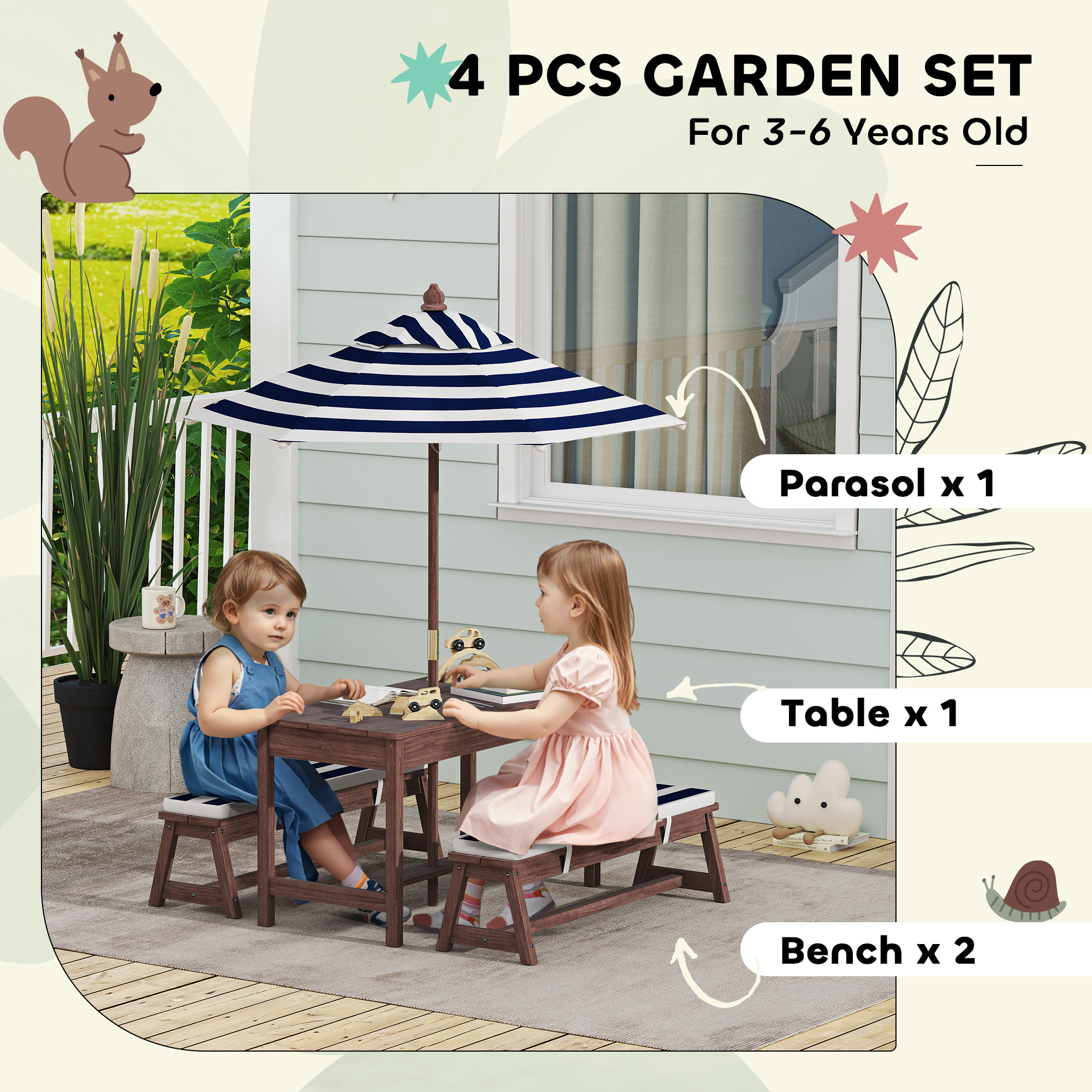 Outdoor Wooden Kids Picnic Table & Bench Set With Cushions And Umbrella, For Patio, Garden, Navy Blue - Image 4