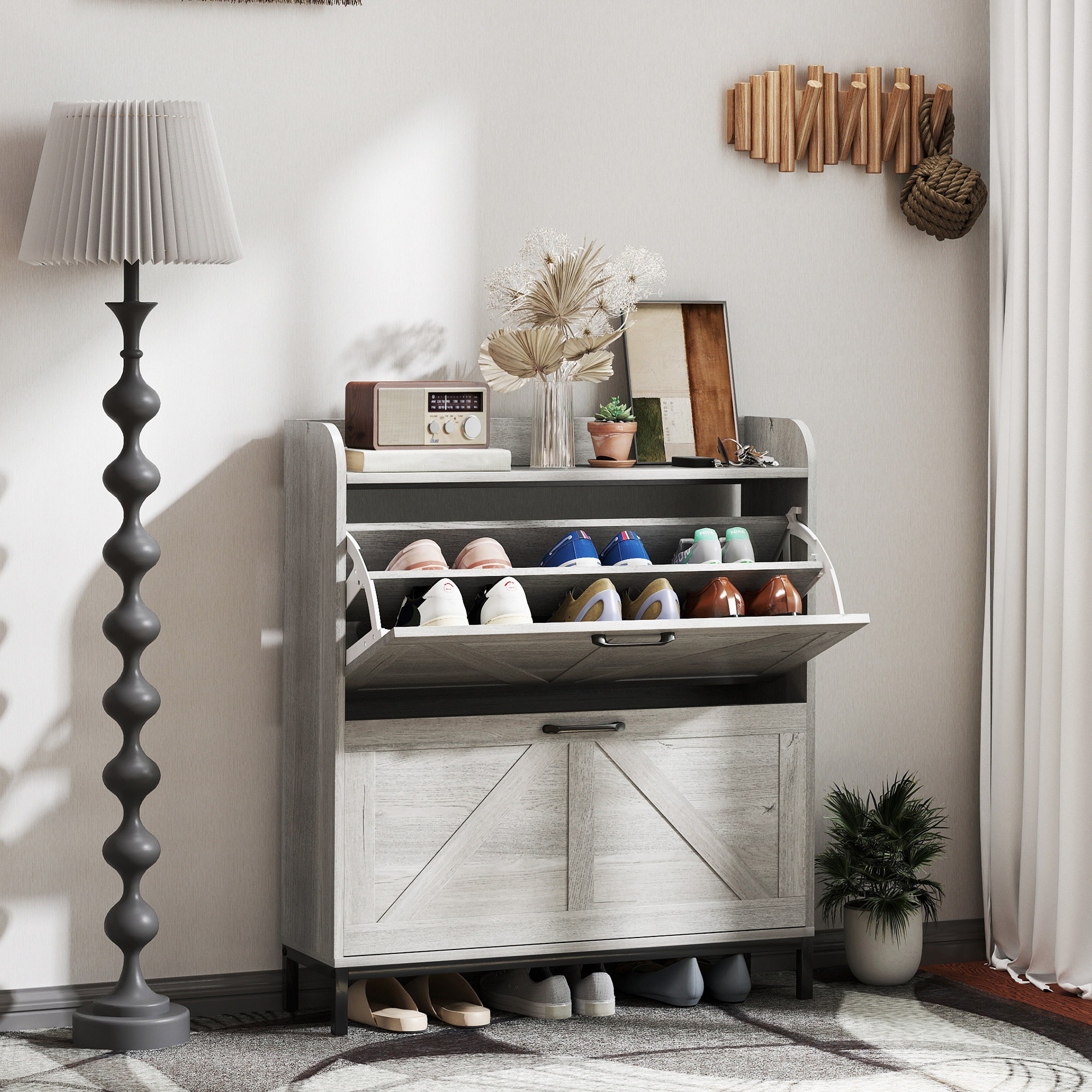 Shoe Cabinet Organizer With 2 Flip Drawers, Legs, Narrow Shoe Storage Cabinet For Entryway, Hallway, Light Gray - Image 4