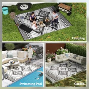 Reversible Outdoor Rug, Waterproof Plastic Straw With Carry Bag, 9 X 12, White & Black Toothed Rhombus