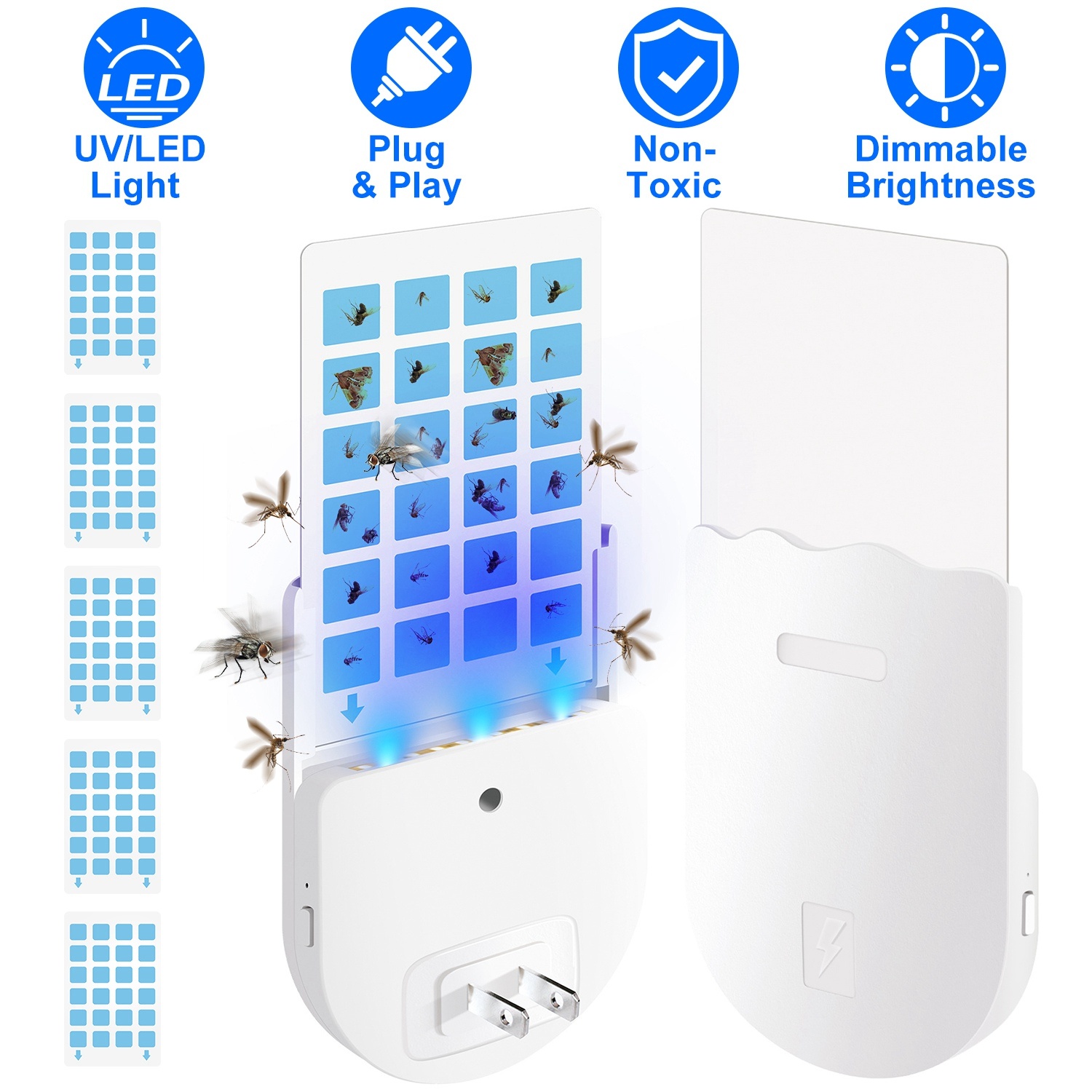 1Set Plug In Indoor Flying Insect Trap 5 Glue Boards UV Light Mosquito Killer With Night Light Dimmable Brightness Fly Odorless Safe Bug Zapper For Gnat Moth Fruit Fly