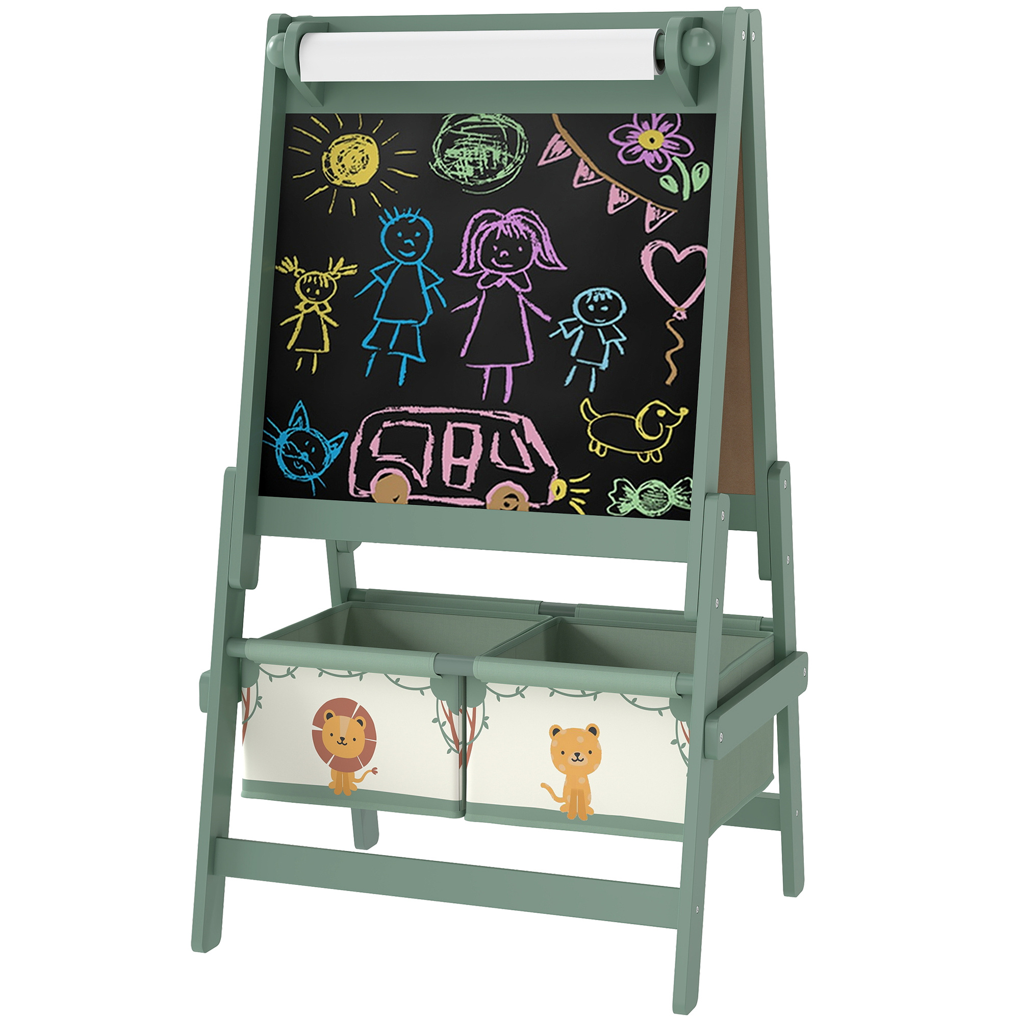 Art Easel For Kids, Double-Sided Whiteboard & Chalkboard With Paper Roll, Storage Baskets For Toddlers Ages 3-8, Green - Image 3