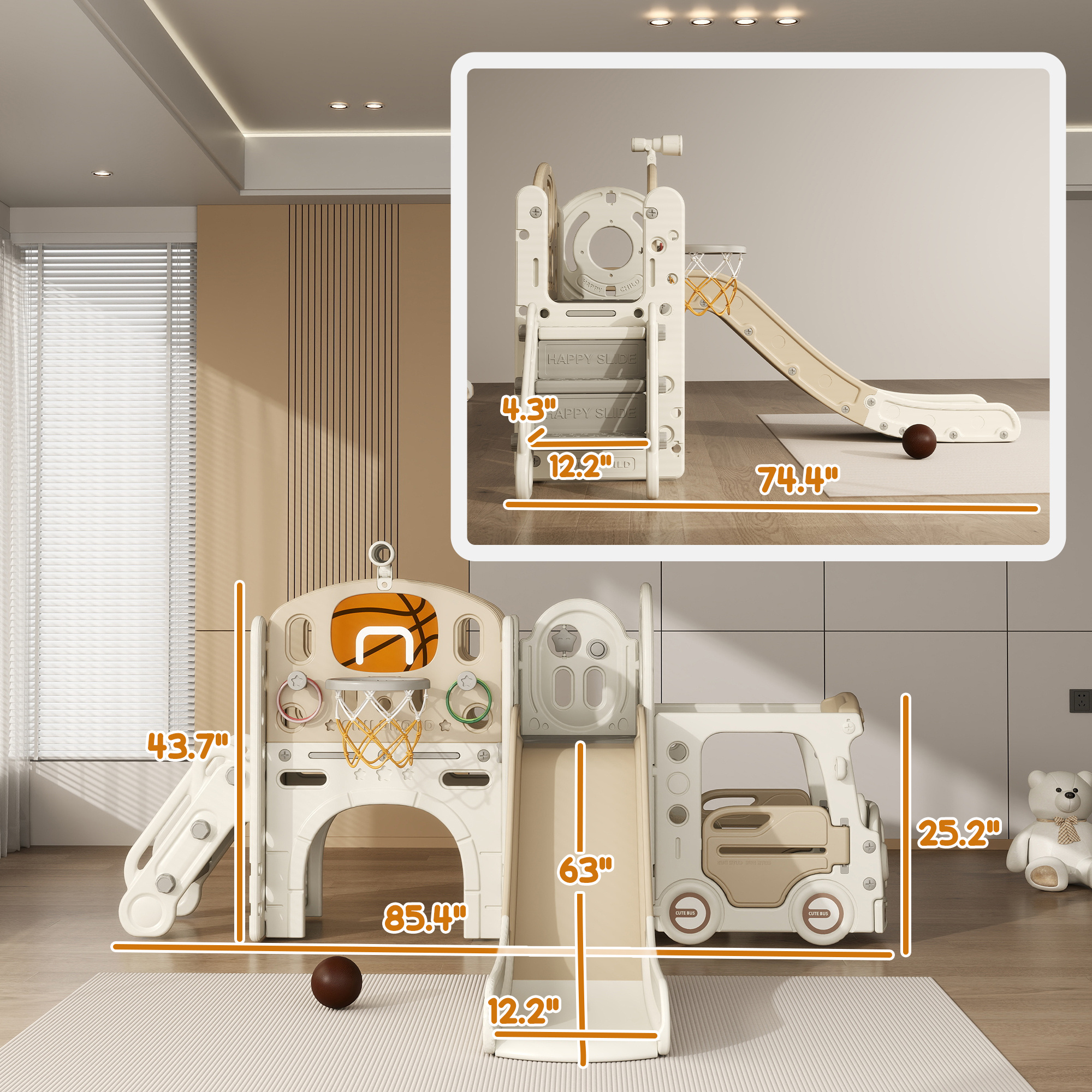 9 In 1 Toddler Slide For Kids Ages 1-6 With Bus Front, Basketball Hoop, Climber, Storage Space, Ring Toss, Cream White - Image 5