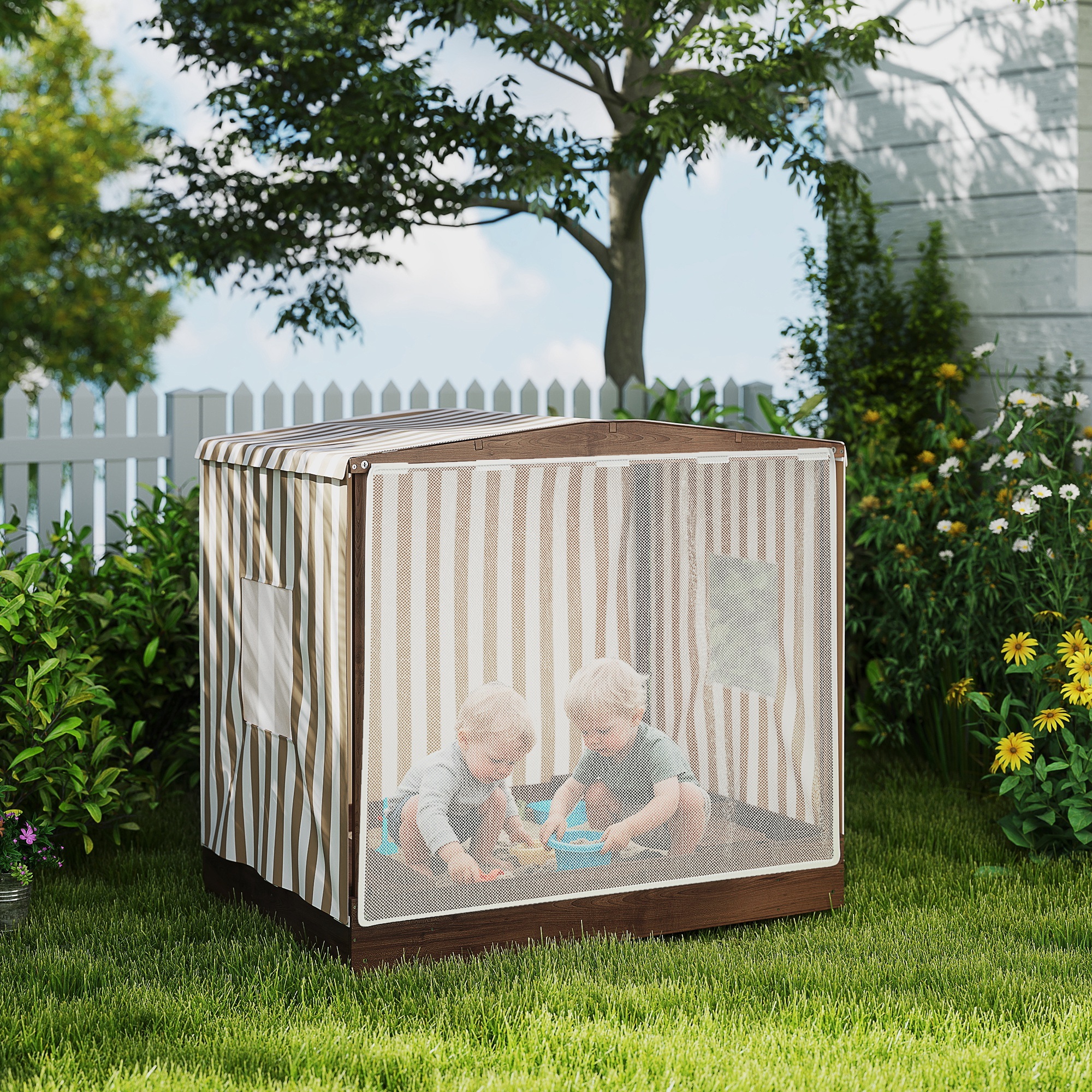 Kids Wooden Sandbox With Canopy Fully Covered, 2 Bench Seats, Bottom Liner, 56 X 40 X 52, Brown - Image 2