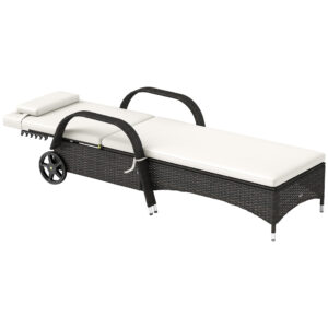 Outdoor Chaise Lounge, 5-Level Adjustable Backrest Rattan Pool Lounge Chair With Wheels, Cushion & Headrest, Cream