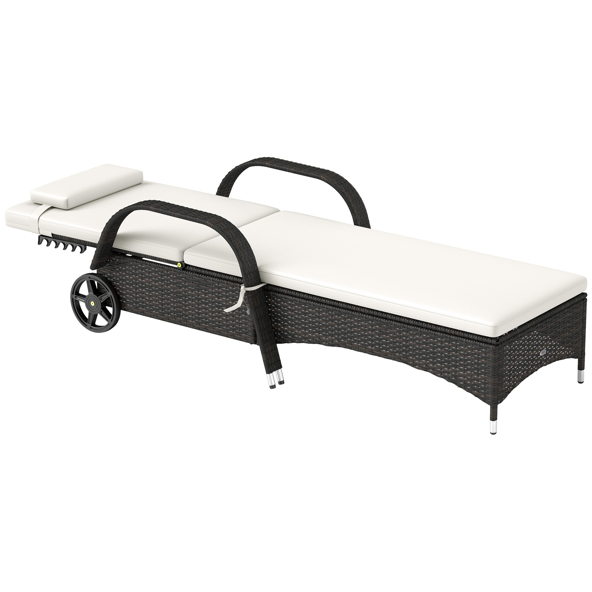 Outdoor Chaise Lounge, 5-Level Adjustable Backrest Rattan Pool Lounge Chair With Wheels, Cushion & Headrest, Cream