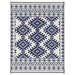 Reversible Outdoor Rug, Waterproof Plastic Straw With Carry Bag, 9 X 12, Blue  White Rhombus Border