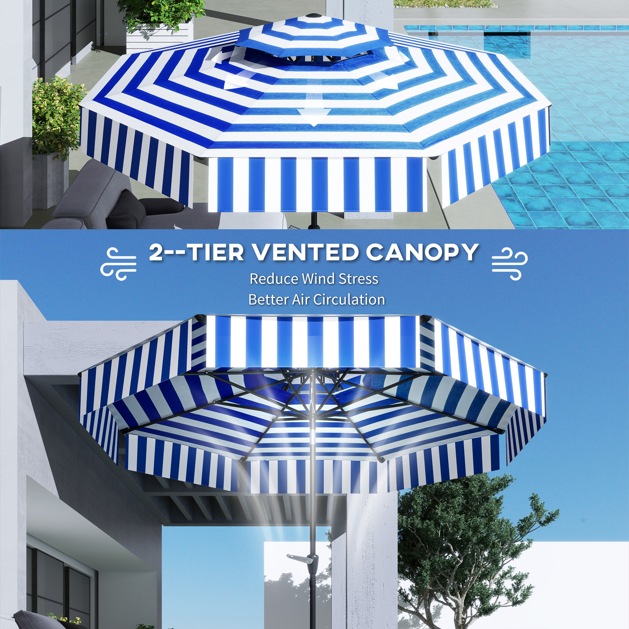 8.6FT Patio Umbrella, Outdoor Market Umbrella, 2-Tier Vented Patio Table Umbrella With Crank 8 Ribs, Tiltable Porch Umbrella For Garden Deck Poolside, Navy Blue - Image 2