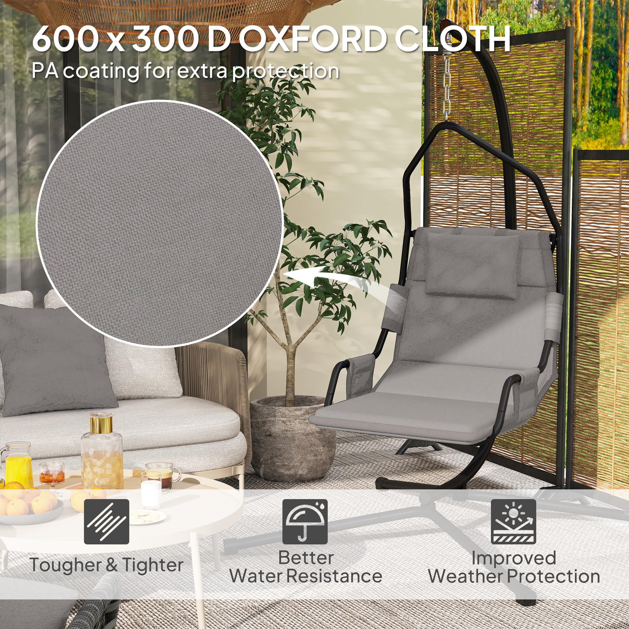 Hammock Chair With Stand And PA Coating Cushion, Hanging Swing Chair With Steel Frame For Indoor And Outdoor, Gray - Image 4