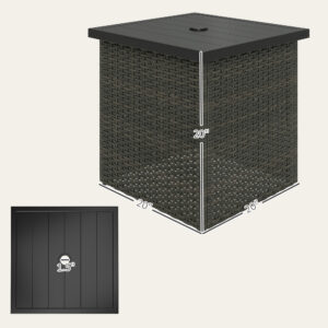 Wicker Side Table With 1.5 Umbrella Hole, Square Outdoor End Table With UV-Resistant Frame, Storage Space, Mixed-Brown