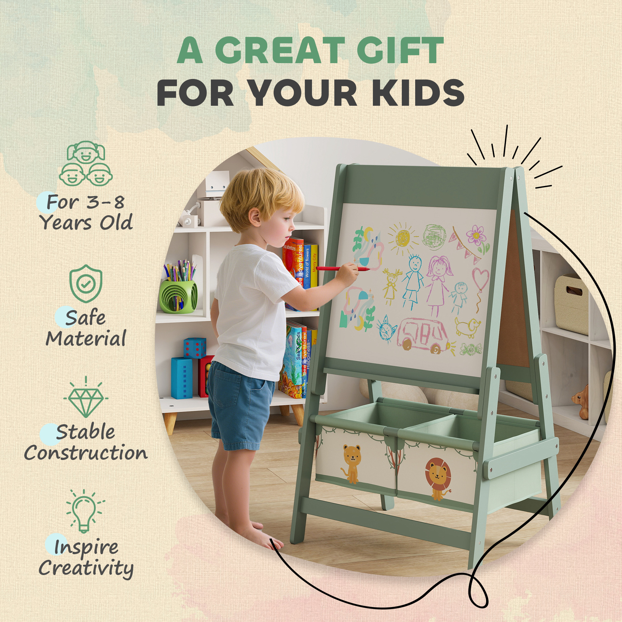 Art Easel For Kids, Double-Sided Whiteboard & Chalkboard With Paper Roll, Storage Baskets For Toddlers Ages 3-8, Green - Image 4