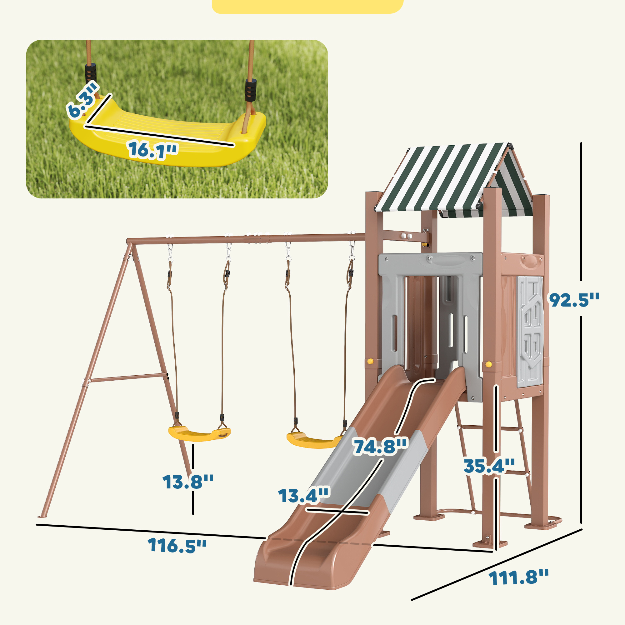 Kids Swing Set With 6 FT Slide, 2 Adjustable Swings, Fort With Canopy, Ladder, Ground Stakes For Ages 3-8, Brown - Image 3
