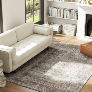 Machine Washable Area Rug 8x10, Non-Slip Traditional Floor Cover Foldable Carpet For Living Room, Dark Mixed-Brown