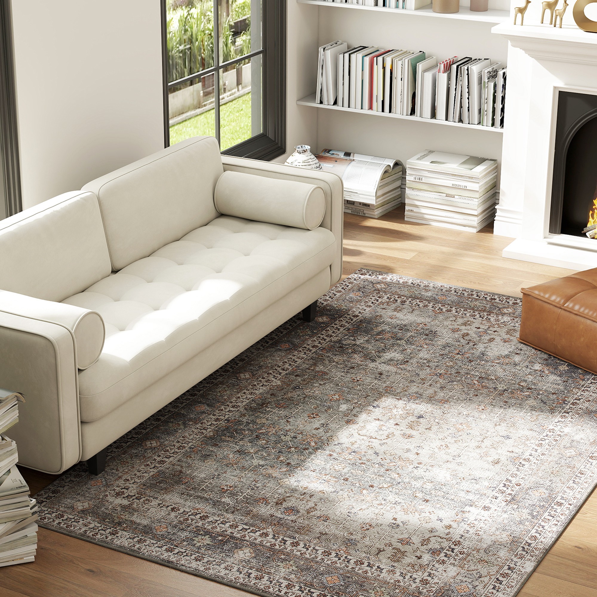 Machine Washable Area Rug 8x10, Non-Slip Traditional Floor Cover Foldable Carpet For Living Room, Dark Mixed-Brown