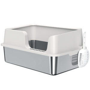 Stainless Steel Litter Box With High Side, Scoop, Easy Cleaning & Anti-Urine Leakage, For Big Cats, Light Gray