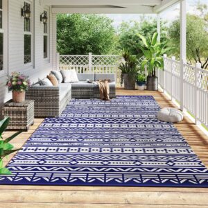 Reversible Outdoor Rug, Waterproof Plastic Straw With Carry Bag, 9 X 18, Blue & White Geometric Wall