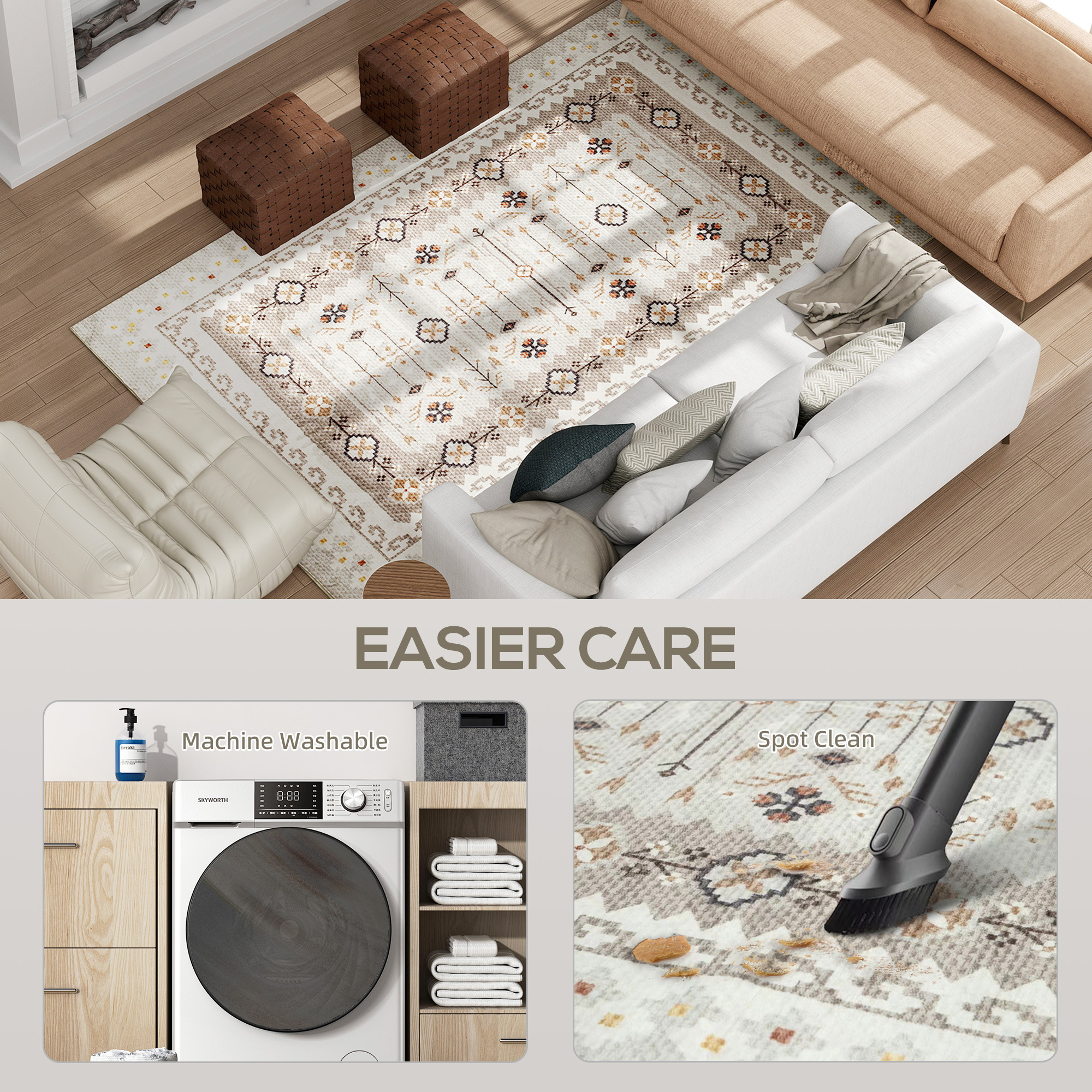 Machine Washable Area Rug 4x6, Non-Slip Boho Flannel Print Floor Carpet For Living Room, Bedroom, Dining Room, Brown - Image 3