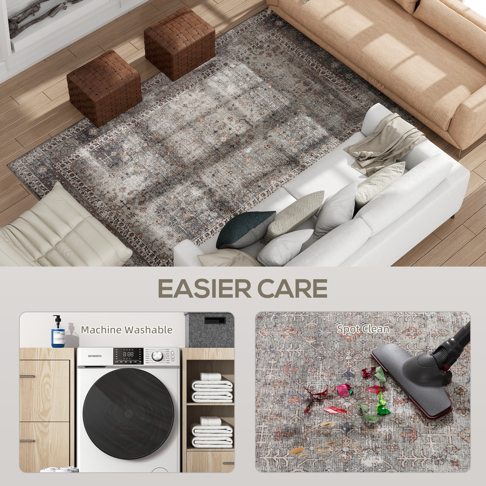 Machine Washable Area Rug 8x10, Non-Slip Traditional Floor Cover Foldable Carpet For Living Room, Dark Mixed-Brown - Image 6