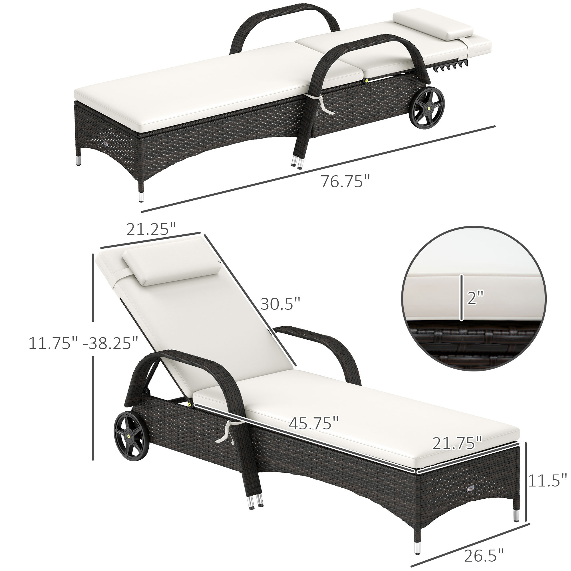 Outdoor Chaise Lounge, 5-Level Adjustable Backrest Rattan Pool Lounge Chair With Wheels, Cushion & Headrest, Cream - Image 4