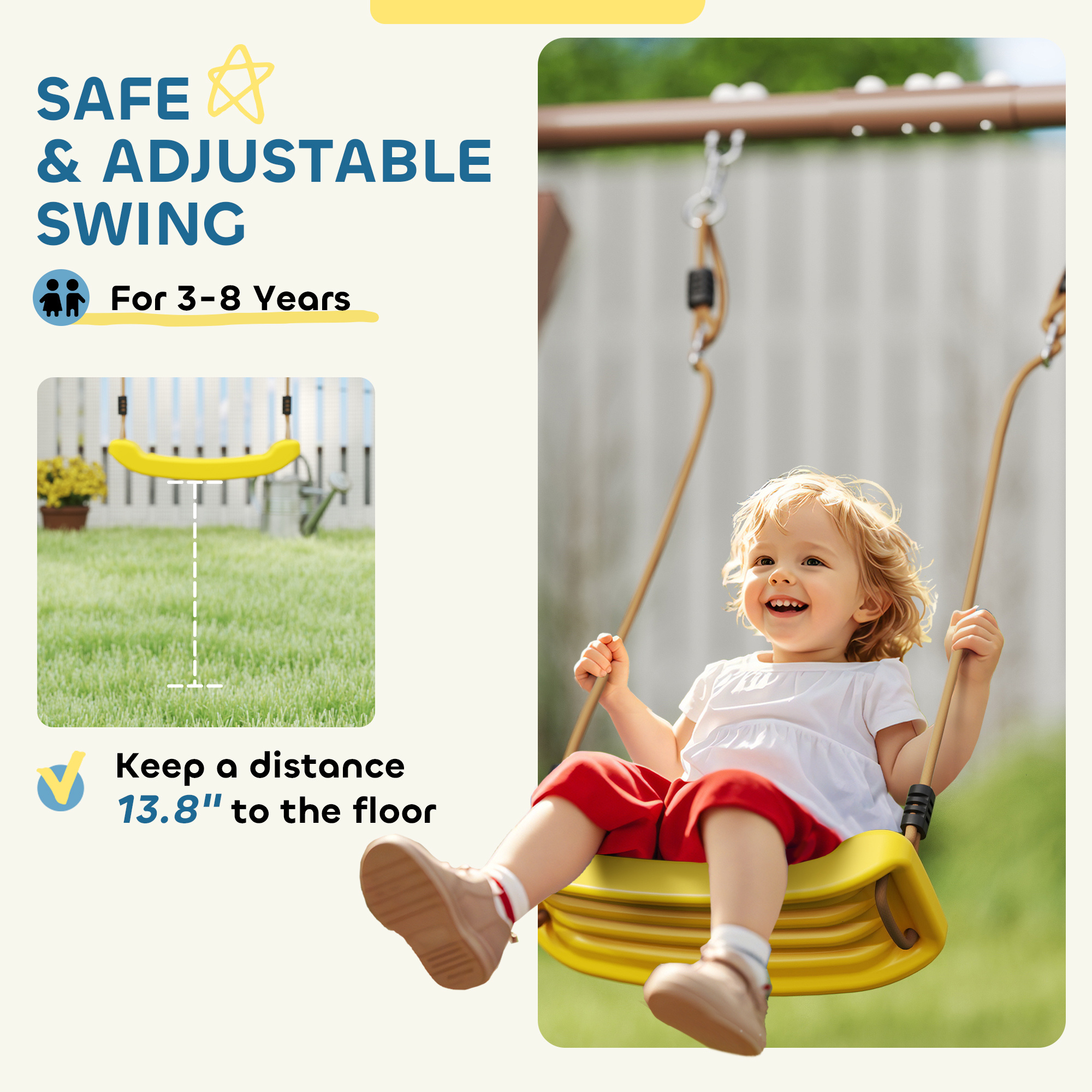 Kids Swing Set With 6 FT Slide, 2 Adjustable Swings, Fort With Canopy, Ladder, Ground Stakes For Ages 3-8, Brown - Image 6