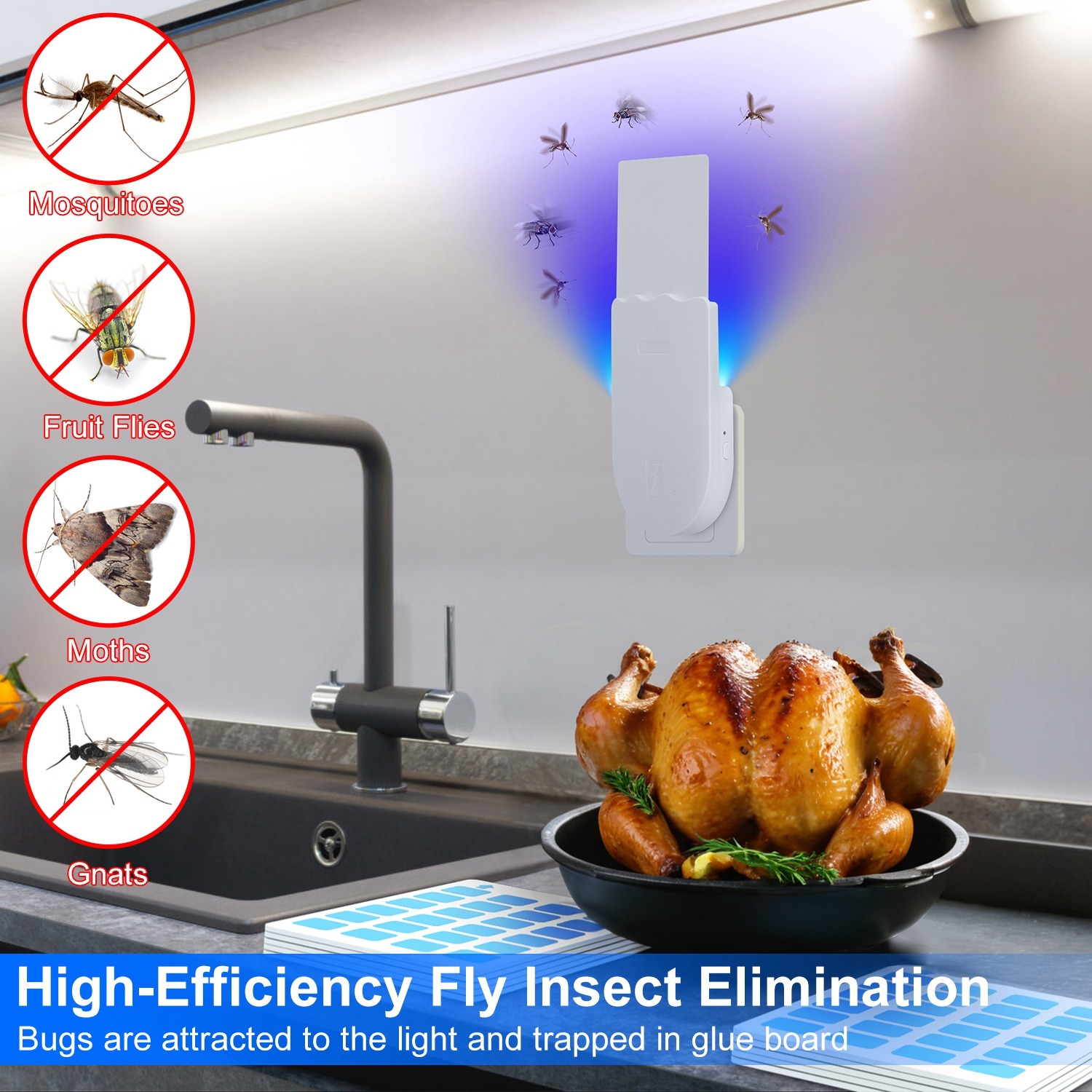 1Set Plug In Indoor Flying Insect Trap 5 Glue Boards UV Light Mosquito Killer With Night Light Dimmable Brightness Fly Odorless Safe Bug Zapper For Gnat Moth Fruit Fly - Image 4