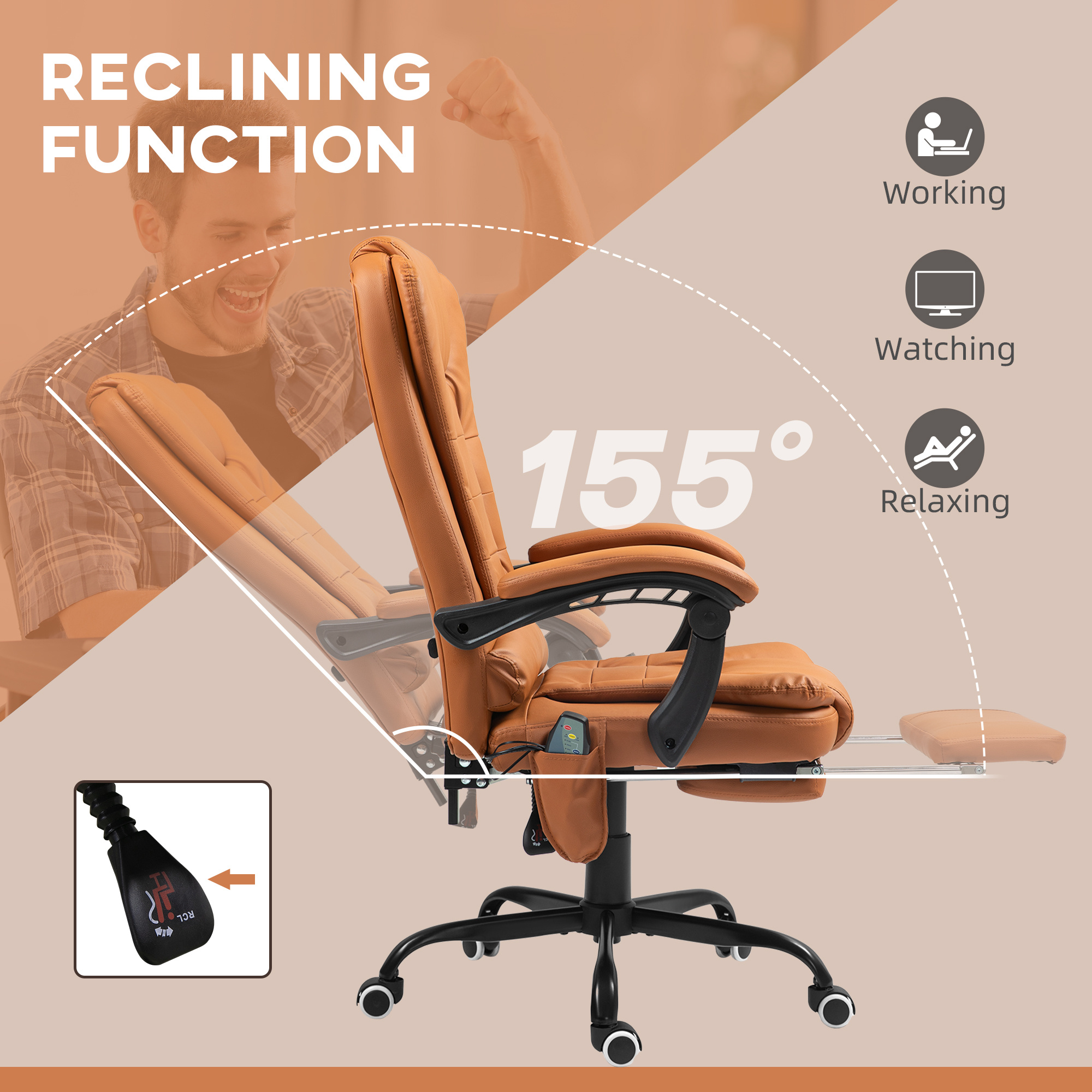 7-Point Vibrating Massage Office Chair High Back Massaging Office Desk Chair With Lumbar Support, Footrest, Light Brown - Image 4
