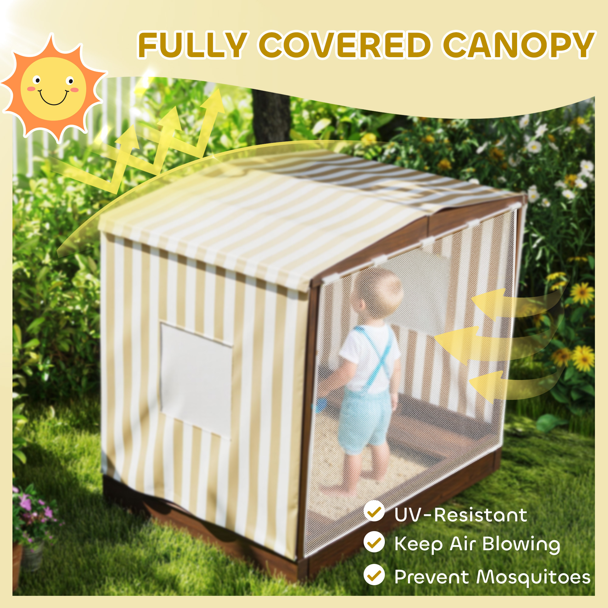 Kids Wooden Sandbox With Canopy Fully Covered, 2 Bench Seats, Bottom Liner, 56 X 40 X 52, Brown - Image 5