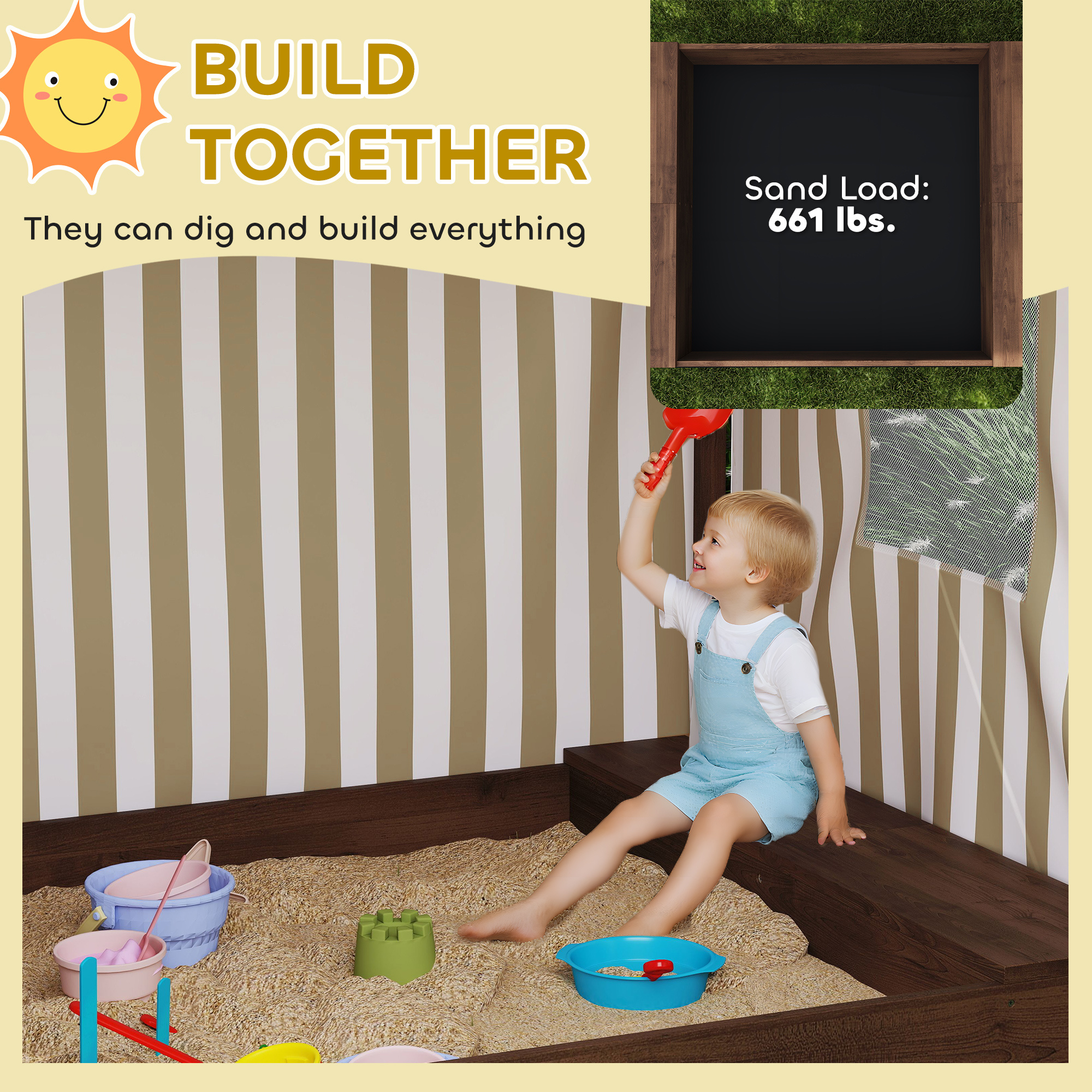 Kids Wooden Sandbox With Canopy Fully Covered, 2 Bench Seats, Bottom Liner, 56 X 40 X 52, Brown - Image 4